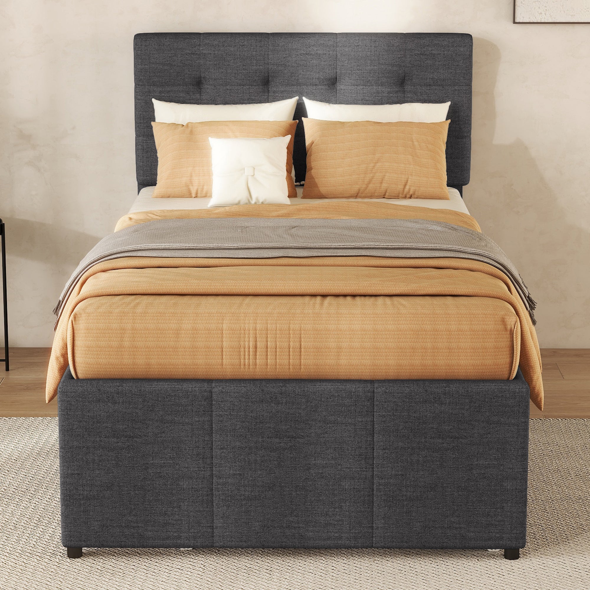 Logidon gestoffeerd bed 90x200cm grijs met drie lades en onderschuifbed
