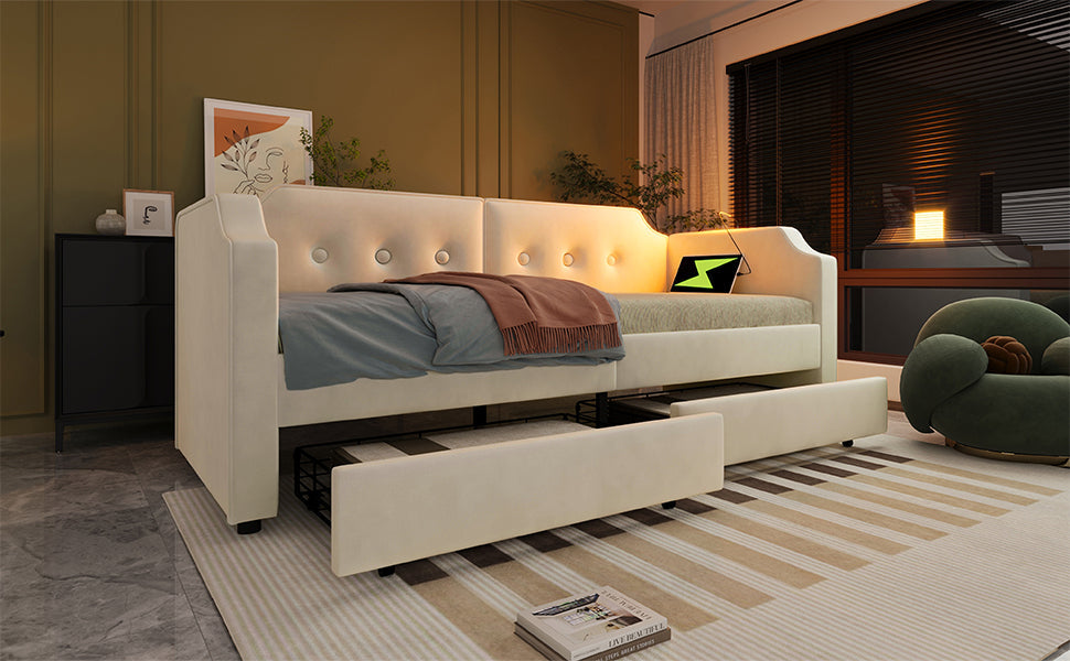 Logidon gestoffeerd bed 90x200 cm beige fluweel met USB-C oplaadpunt leeslampje