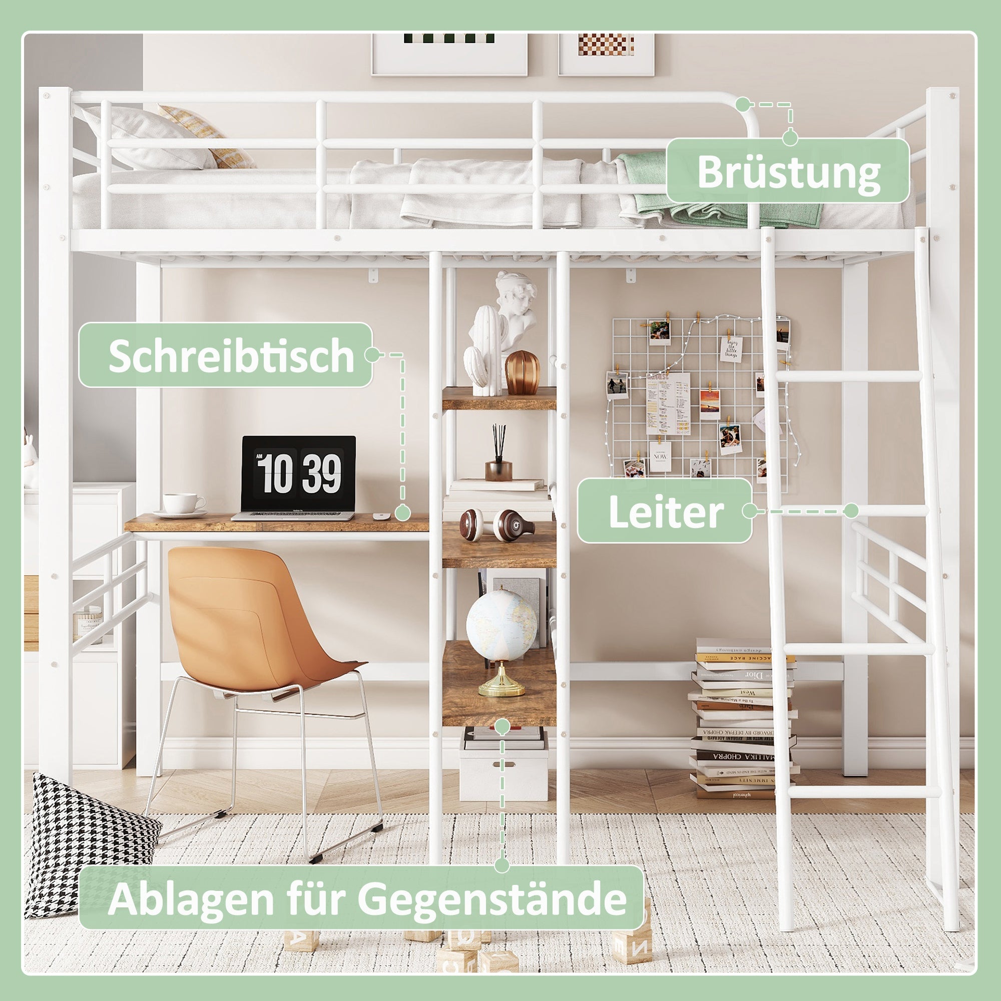 Logidon hoogslaper 90x200 cm wit met bureau en planken