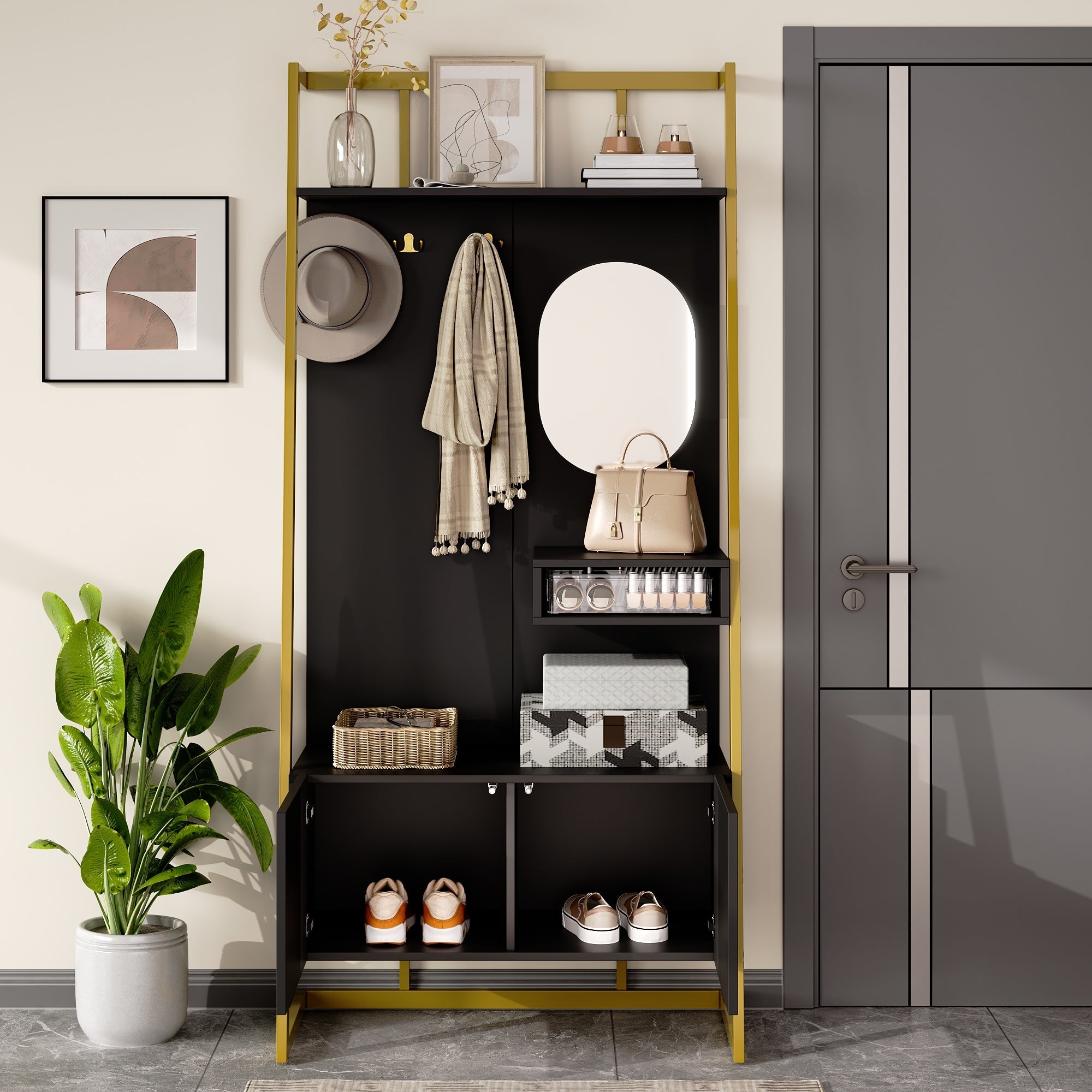 Logidon Modern Compact Wardrobe Box Mirror Shoe Bench Black 78 x 38.5 x 180.5 cm
