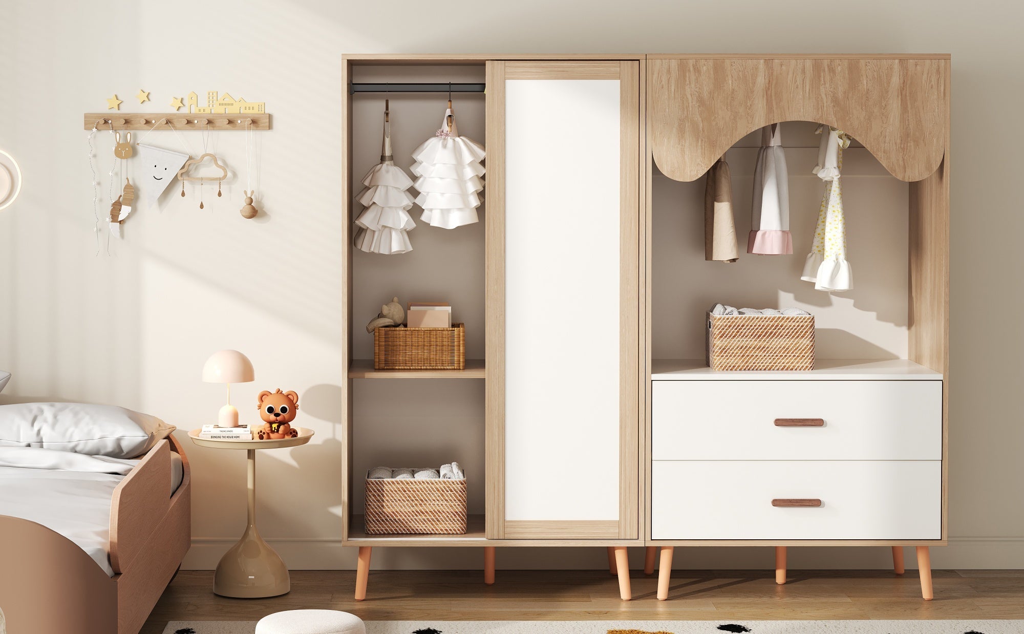 Logidon Children's Wardrobe Sliding Door Open Wardrobe White Natural Wood 141.5 cm
