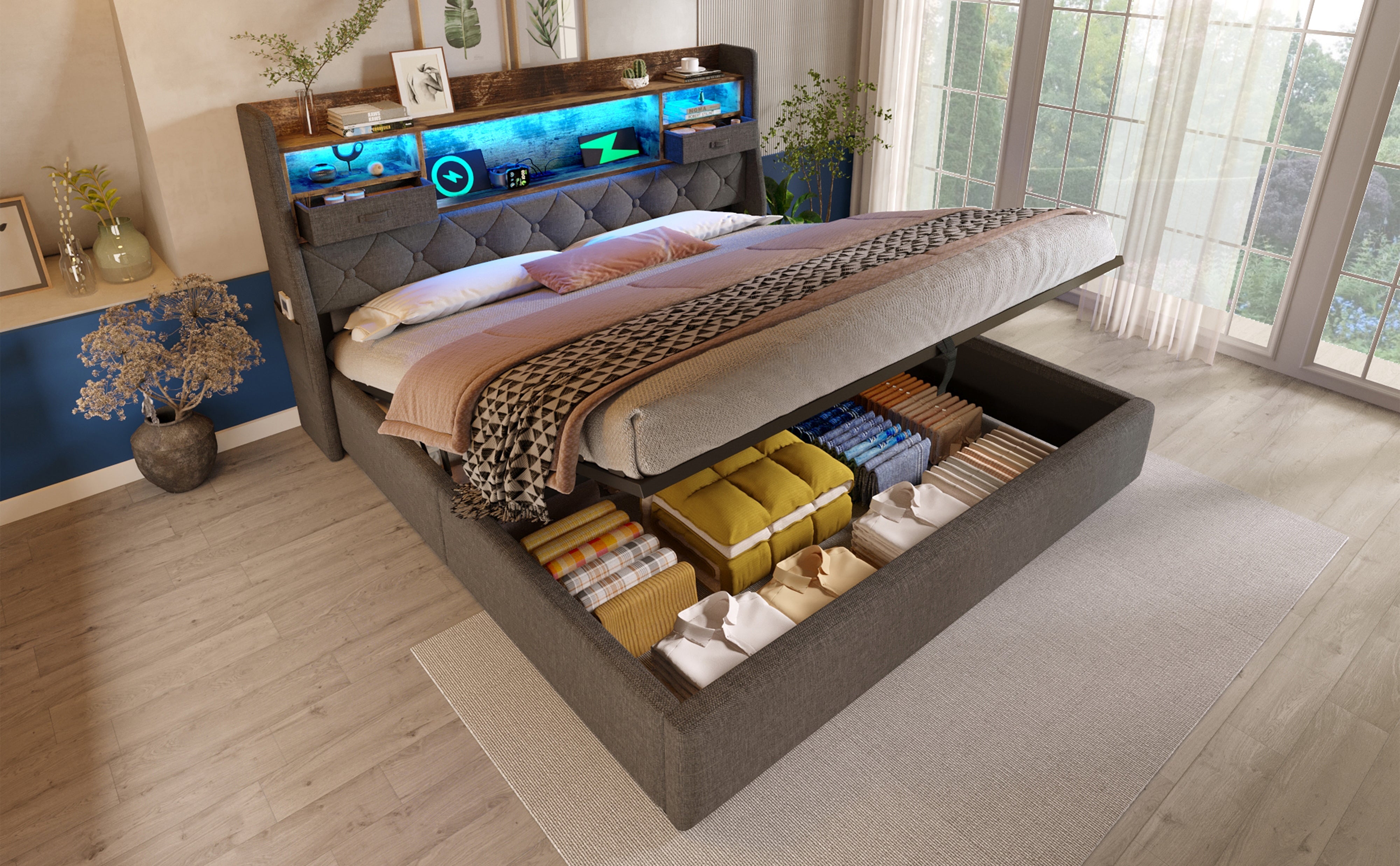 Logidon gestoffeerd bed 160x200 cm met opbergruimte, LED-hoofdbord, USB-C