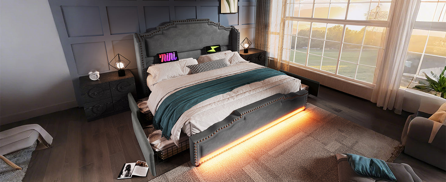 Logidon gestoffeerd bed 140x200 fluweelgrijs met 4 oplaad-LED-lampjes USB C