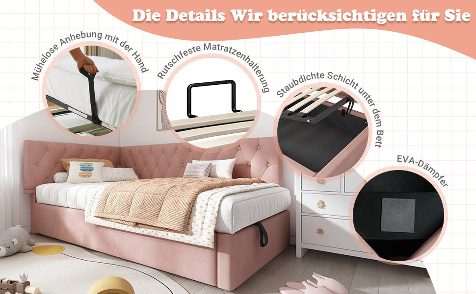 Logidon slaapbank 90x190 roze fluweel met hydraulische opbergruimte