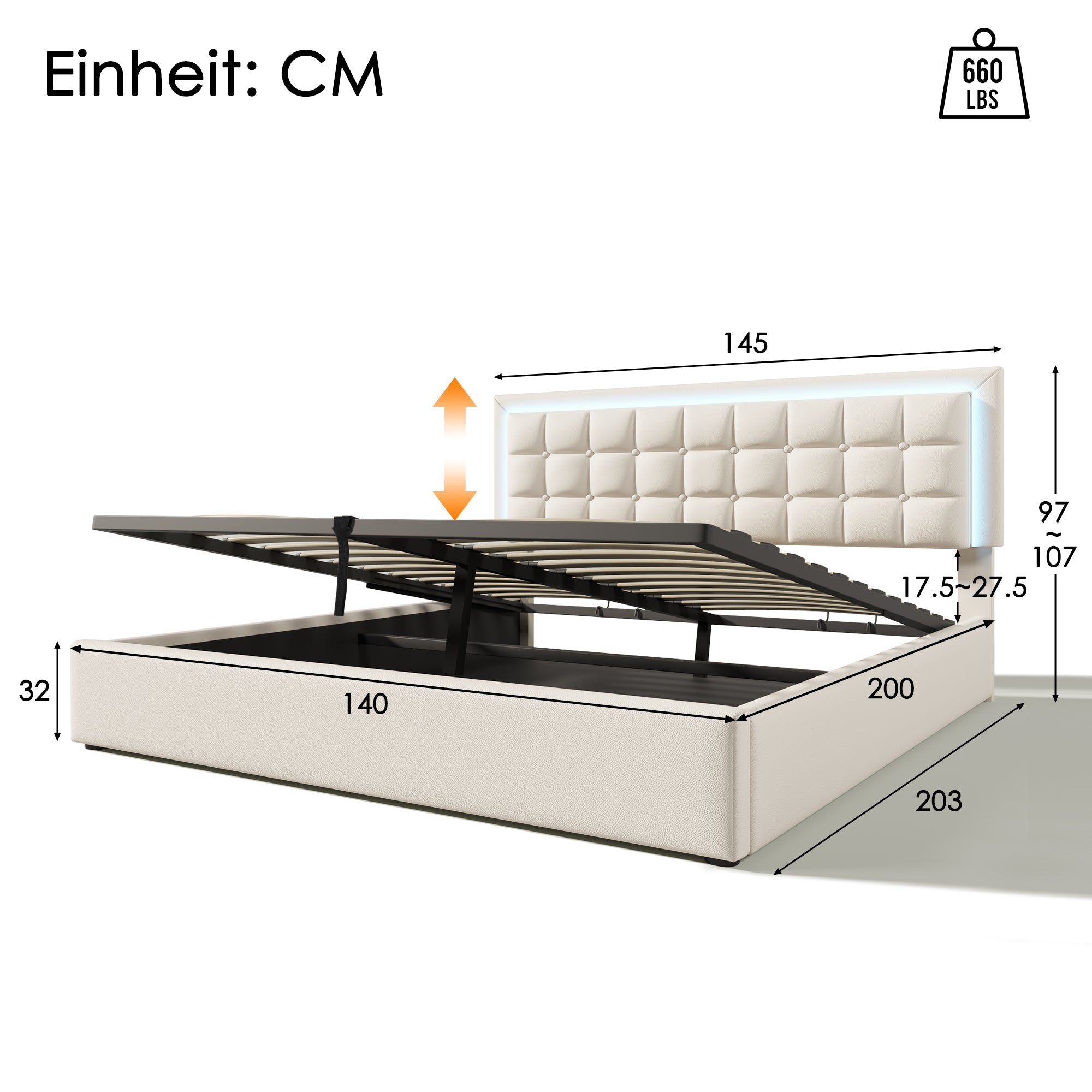Logidon gestoffeerd bed 140x200 wit met opbergruimte en LED-verlichting