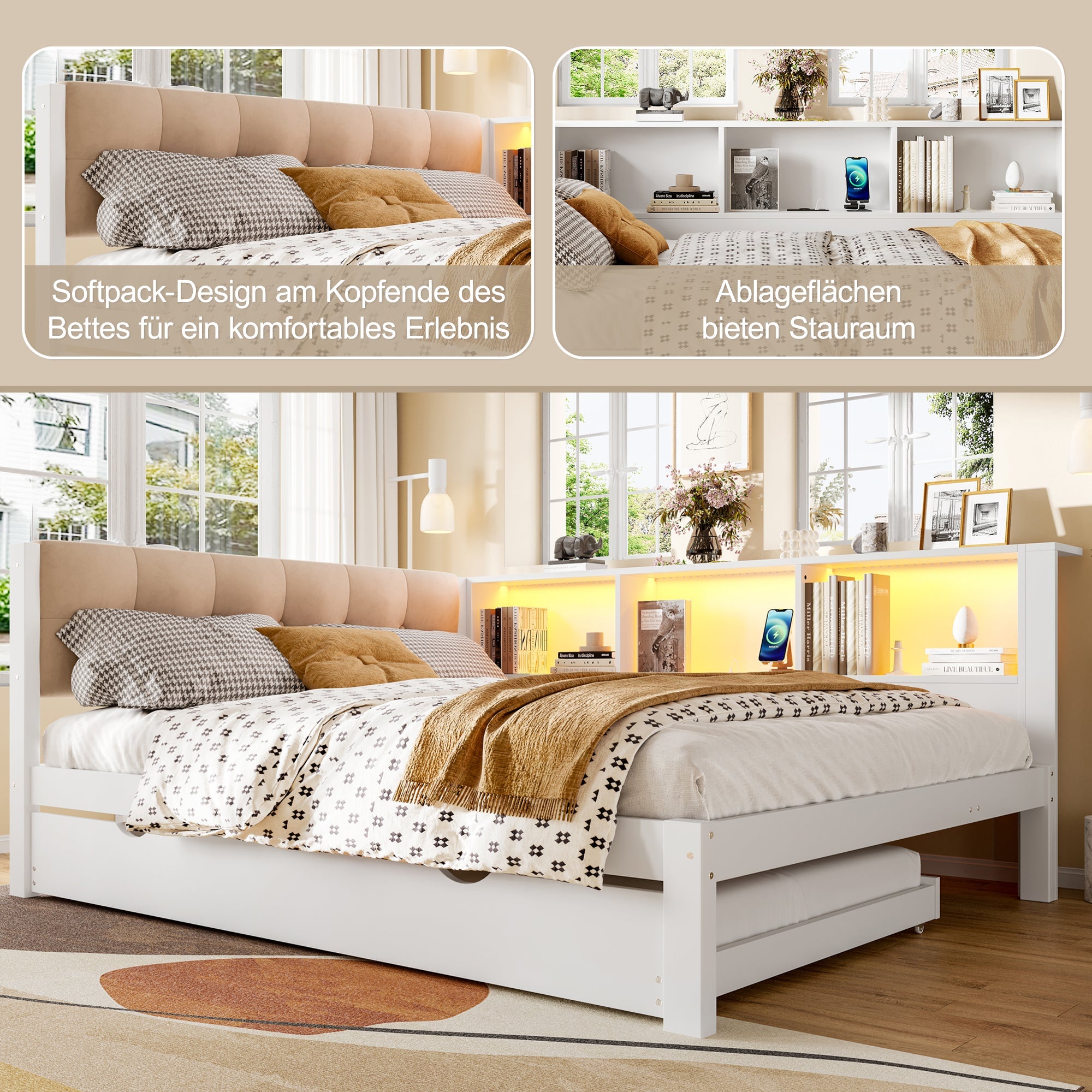 Logidon daybed wit 140x200 CM met uitschuifbaar bed LED-verlichting