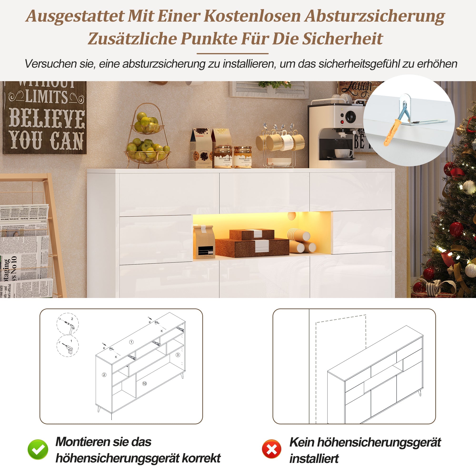 Logidon wit hoogglans dressoir 140 cm met LED lichtstrip