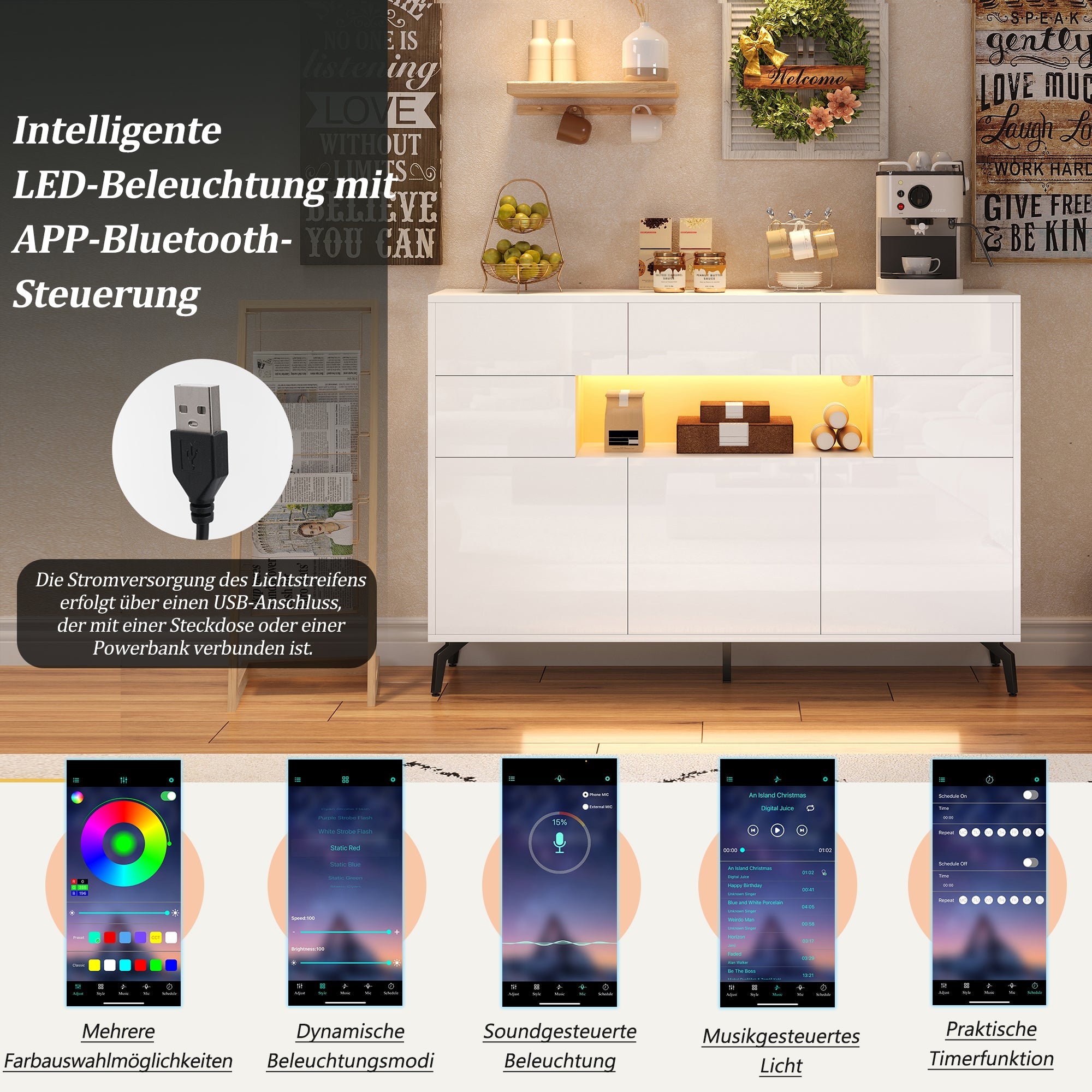 Logidon wit hoogglans dressoir 140 cm met LED lichtstrip