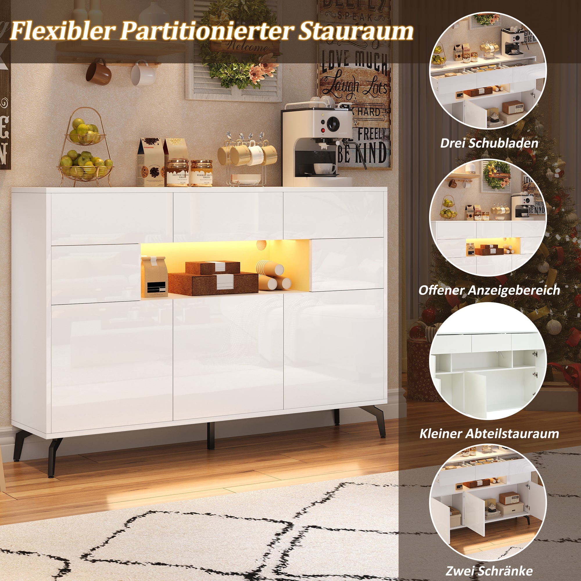 Logidon wit hoogglans dressoir 140 cm met LED lichtstrip
