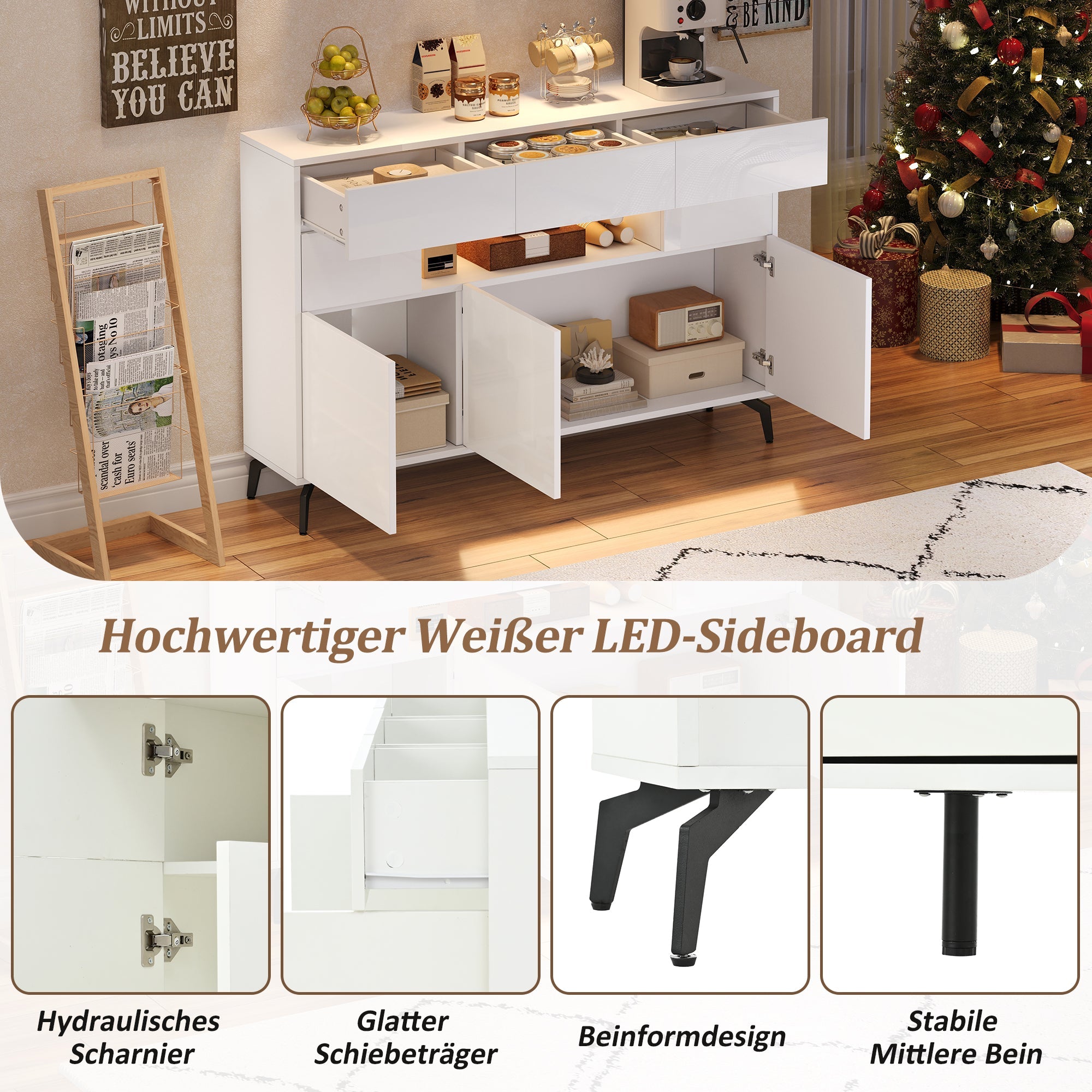 Logidon wit hoogglans dressoir 140 cm met LED lichtstrip