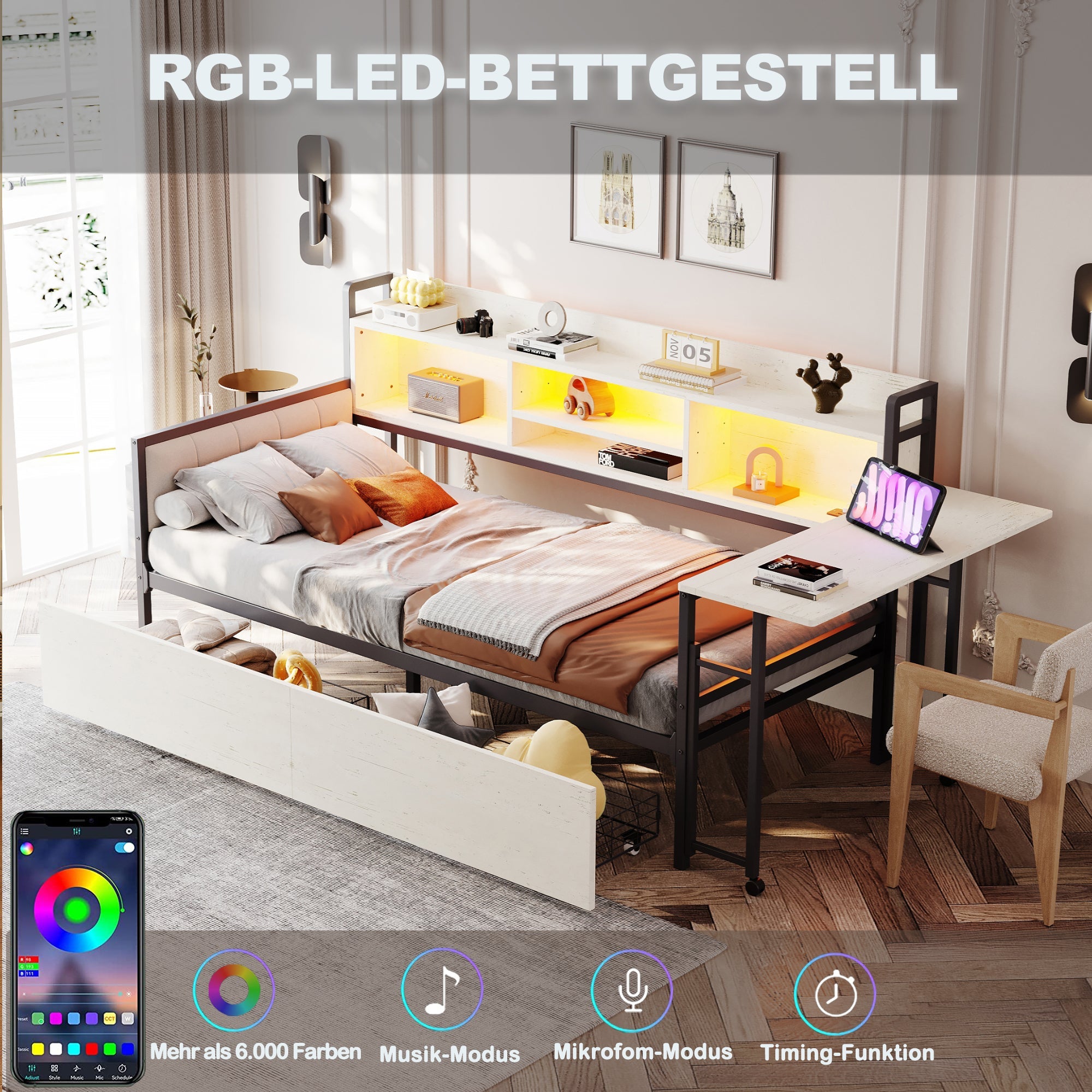 Logidon ijzeren slaapbank 90x200 cm met LED-verlichting opbergruimte wit