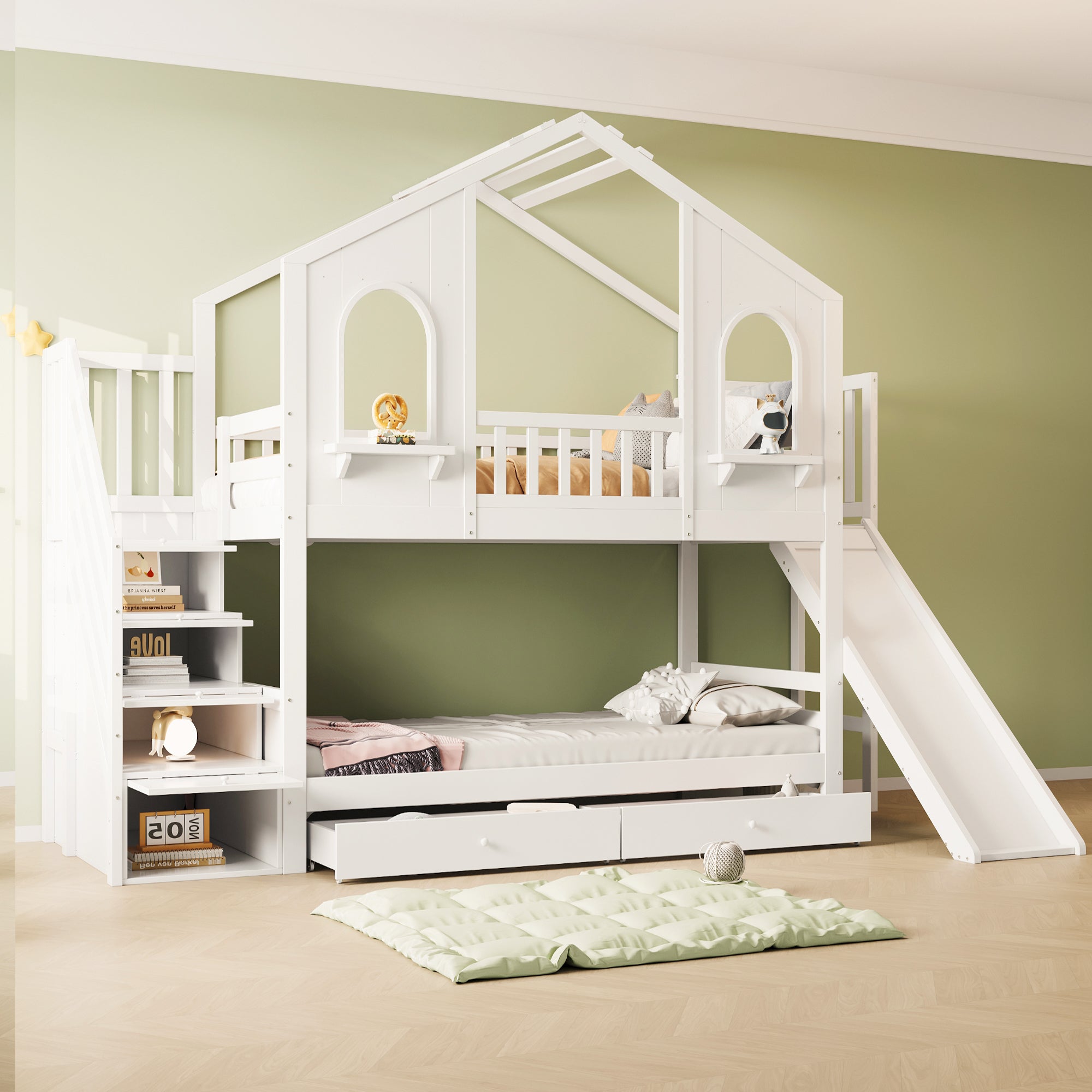Logidon Kinderstapelbed 90x200 Witte Huisvorm met Glijbaan