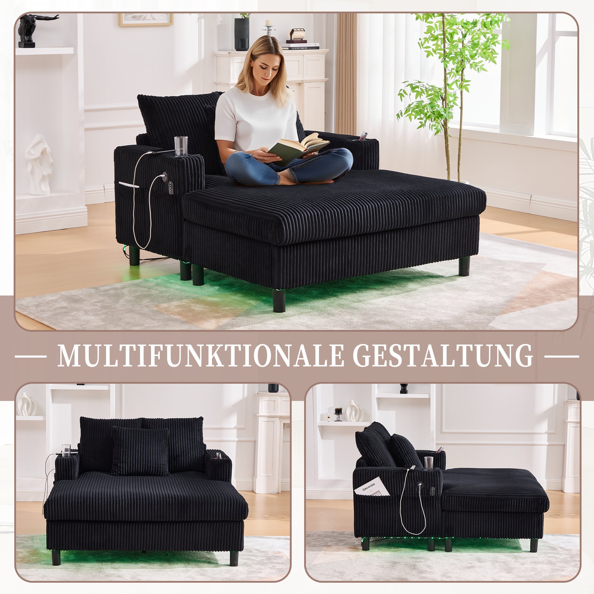 Logidon Velvet Chaise Longue Zwart met USB-oplaadpunten en LED-verlichting