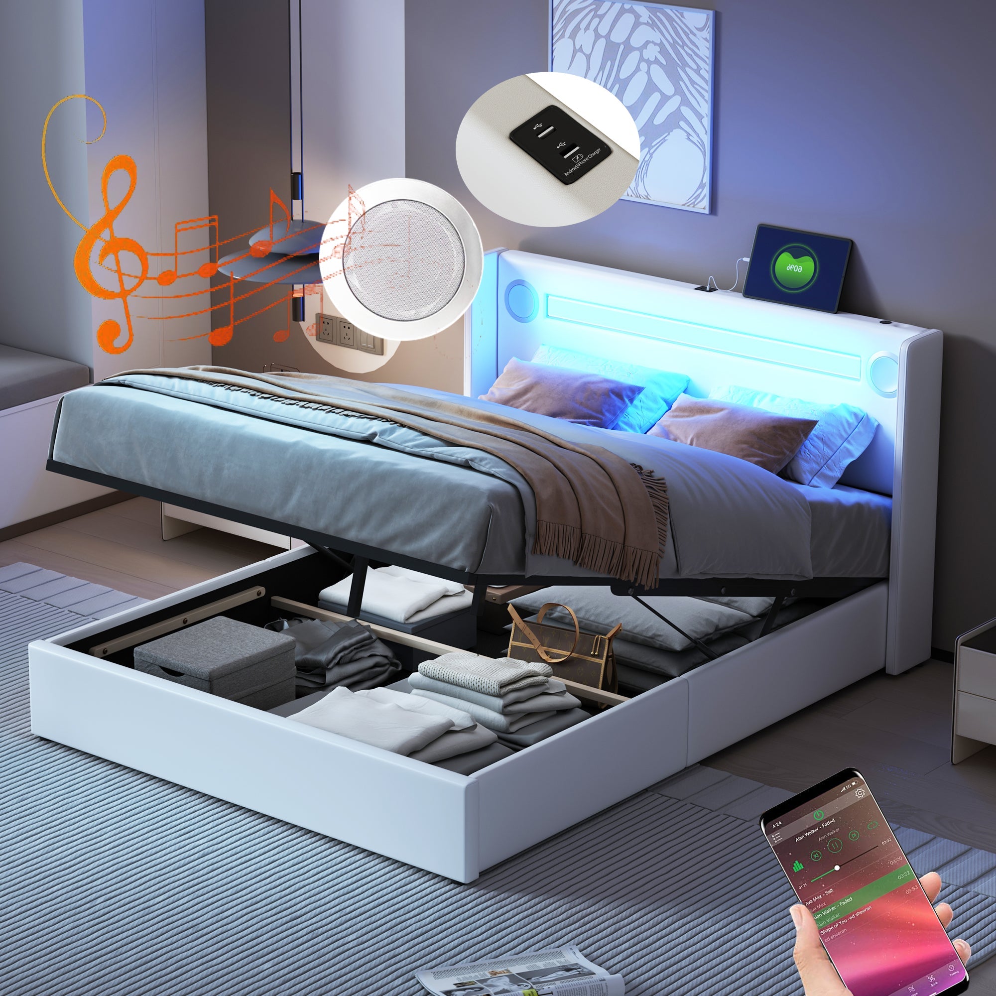 Logidon gestoffeerd bed 140x200 wit LED-licht USB Bluetooth opbergruimte