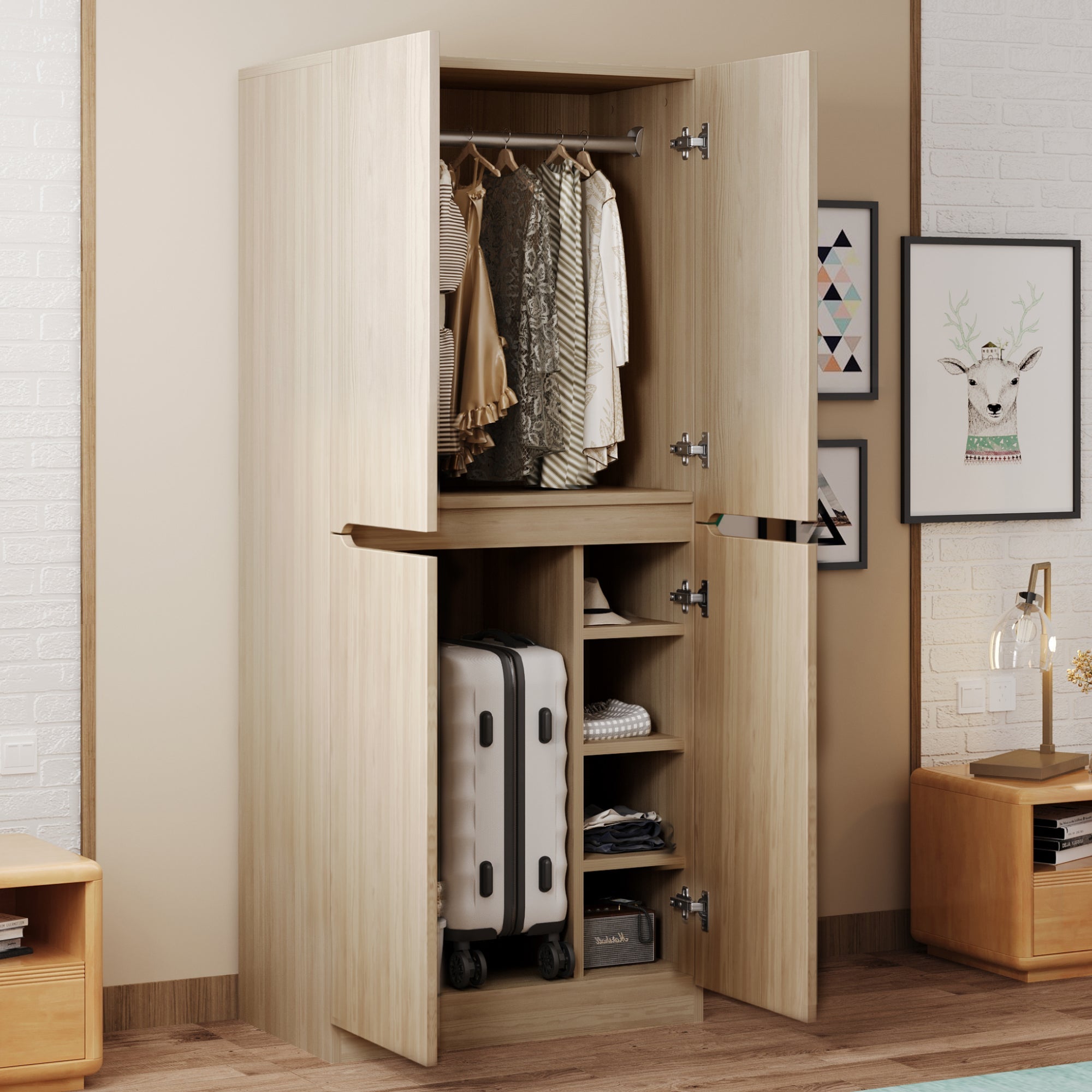 Logidon kledingkast 70 cm 40 cm 170 cm dubbele deur opbergruimte naturel hout