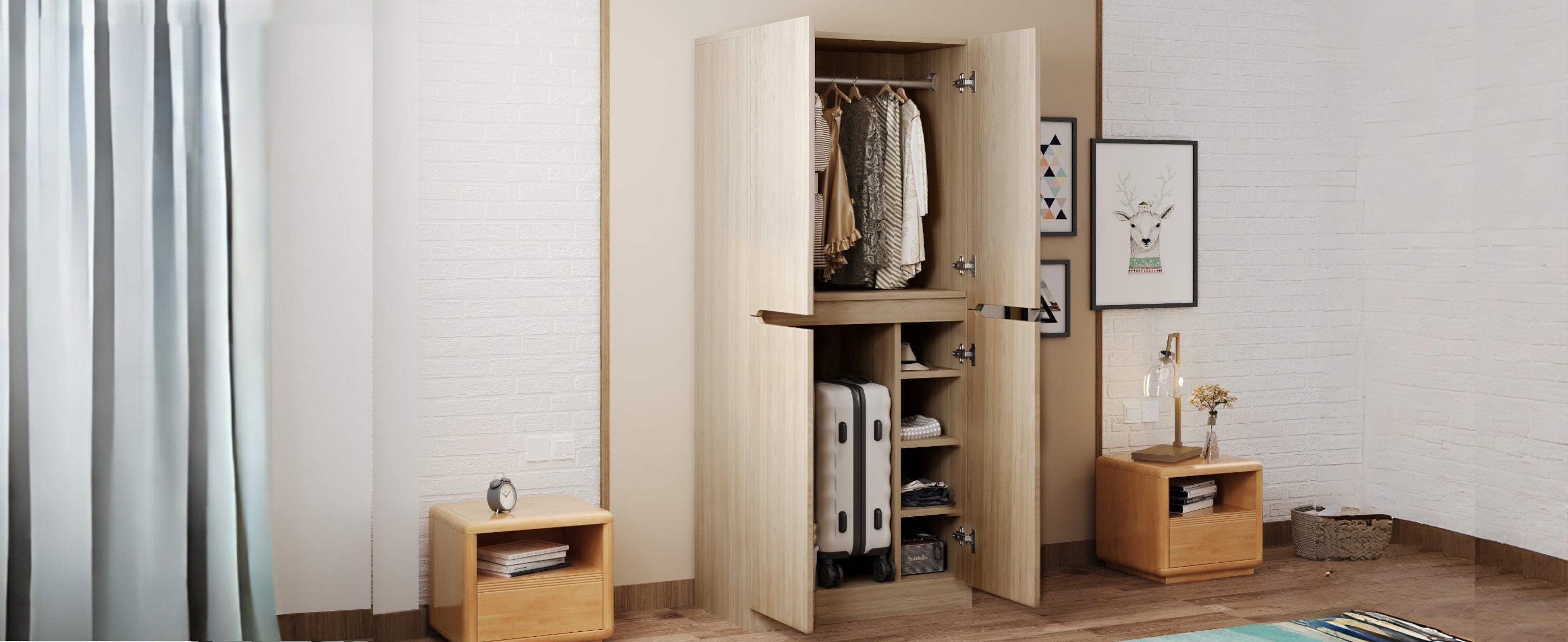 Logidon kledingkast 70 cm 40 cm 170 cm dubbele deur opbergruimte naturel hout