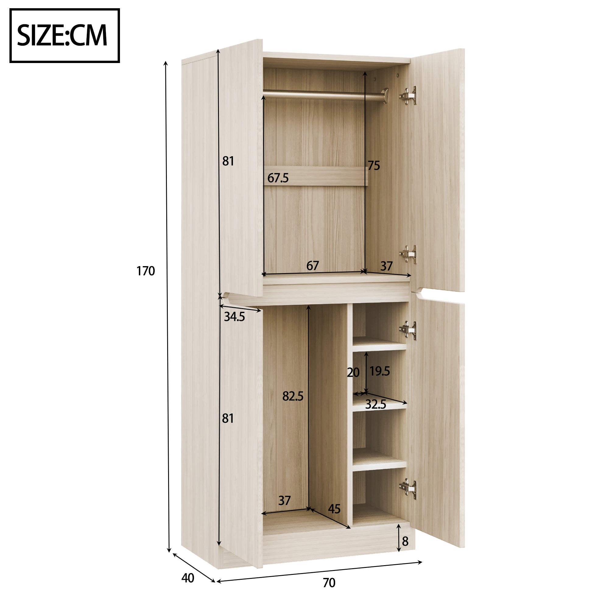 Logidon kledingkast 70 cm 40 cm 170 cm dubbele deur opbergruimte naturel hout