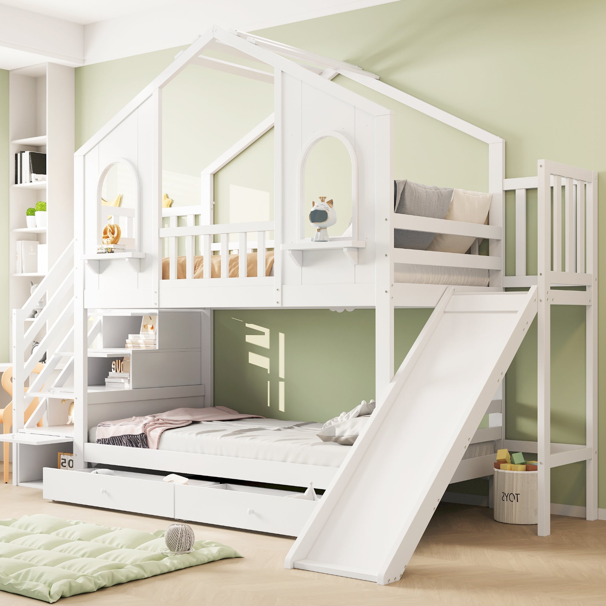 Logidon Kinderstapelbed 90x200 Witte Huisvorm met Glijbaan