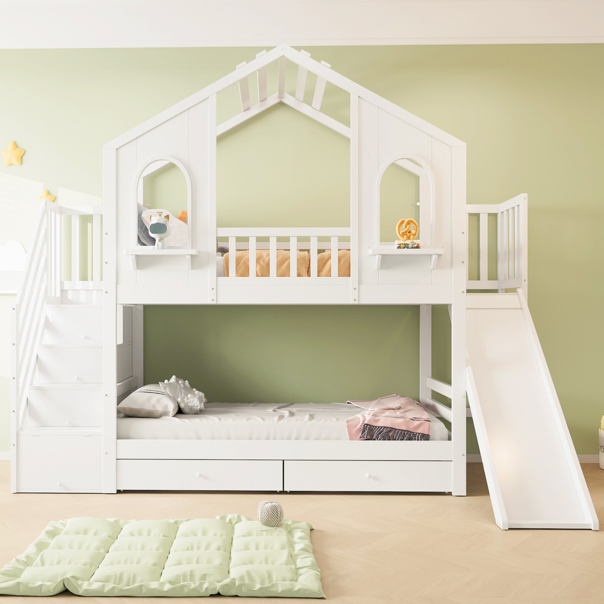 Logidon Kinderstapelbed 90x200 Witte Huisvorm met Glijbaan