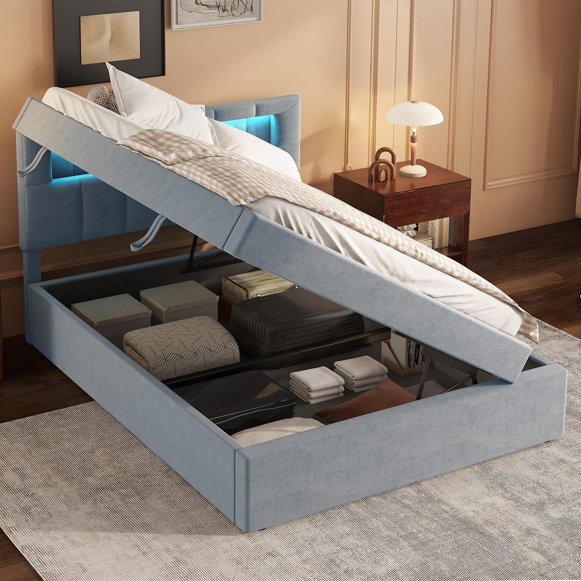 Logidon flat bed 90x200 velvet gray ambient light headboard