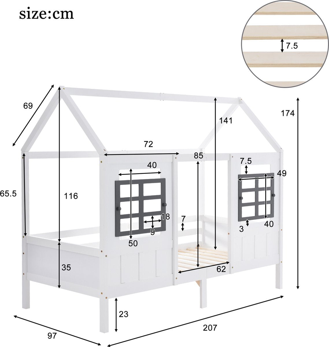 Merax Huisbed - Kinderbed - Peuterbed met Uitvalbeveiliging - Wit afbeelding 2