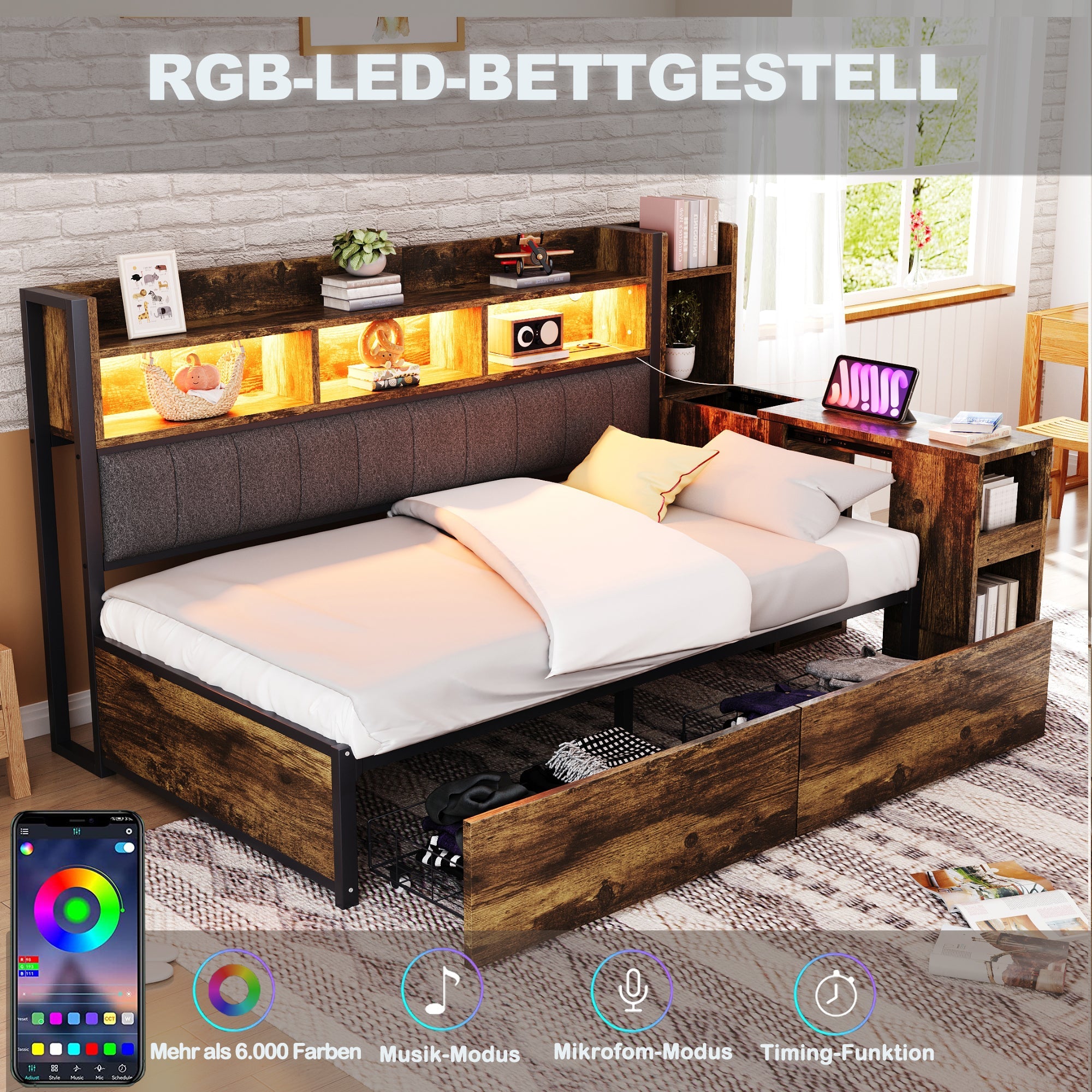 Logidon ijzeren slaapbank 90 x 200 cm houtlook opbergruimte LED