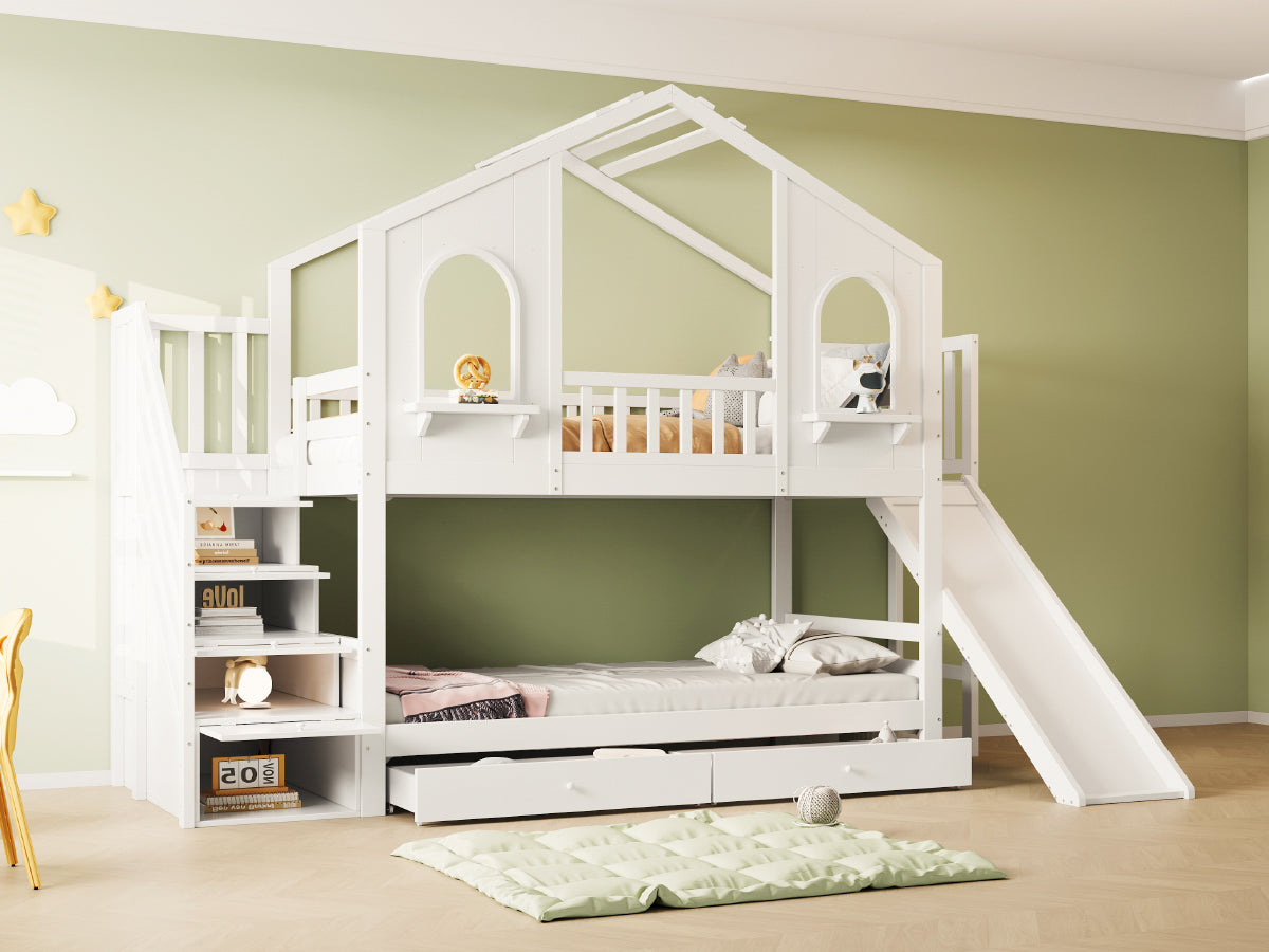 Logidon Kinderstapelbed 90x200 Witte Huisvorm met Glijbaan