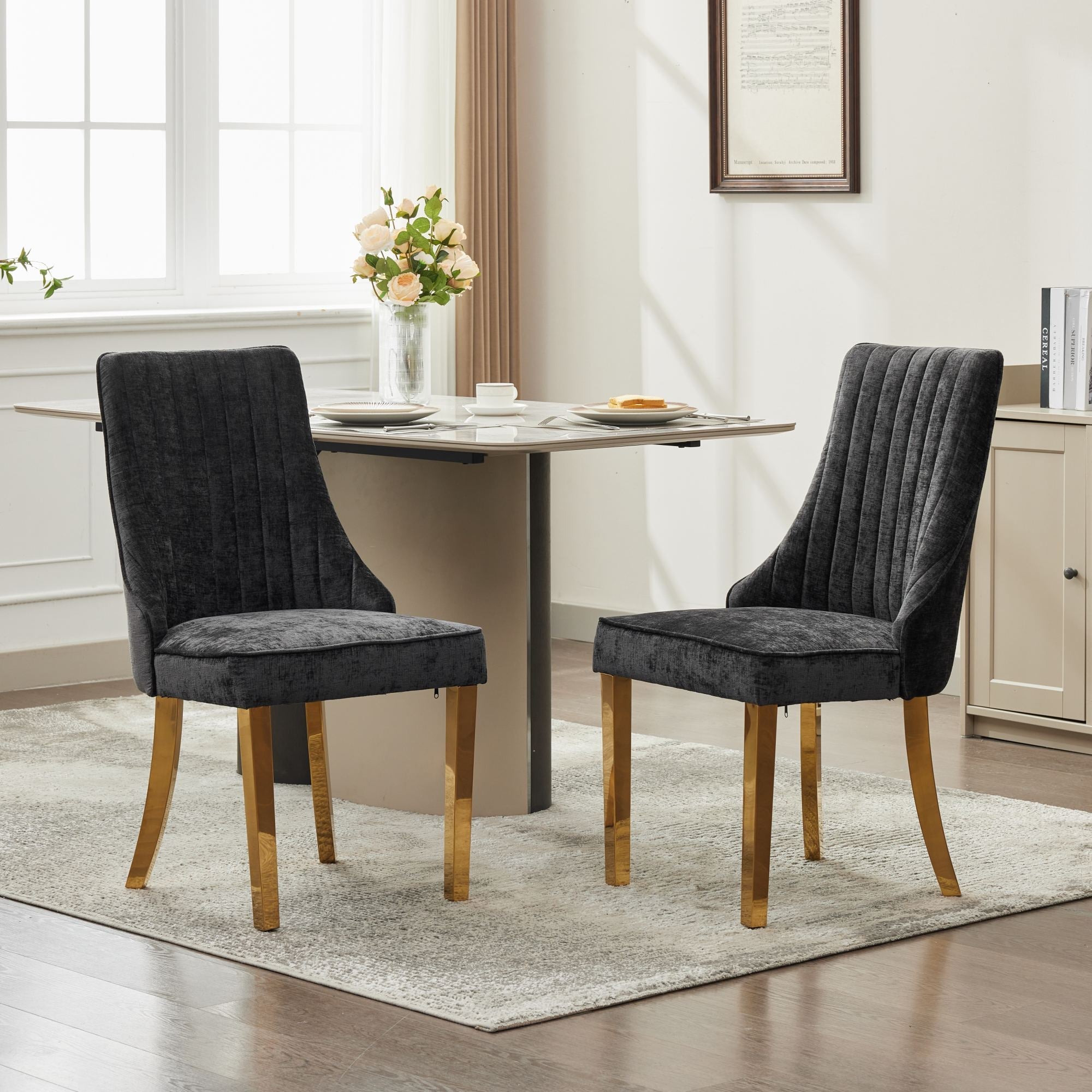 Logidon Chenille Eetstoelenset Zwart Gouden Poten Set van 2 65x50x95 cm