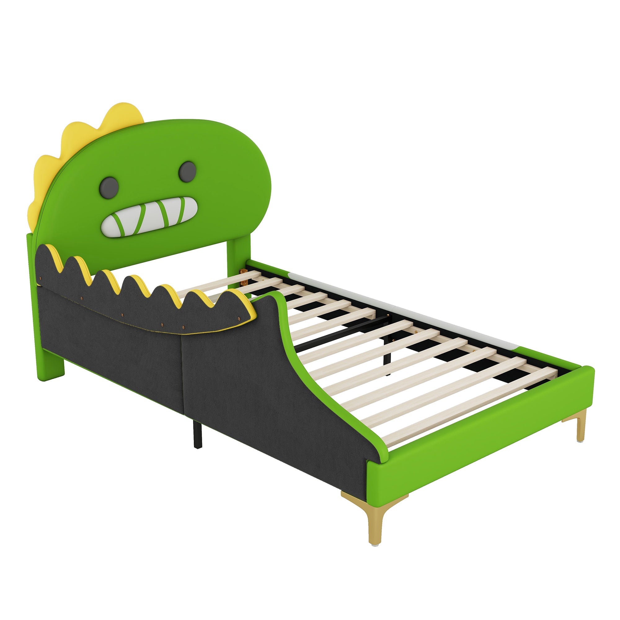 Logidon kinderbed 90x200 cm cartoon dinosaurus hoofdeinde kunstleer groen