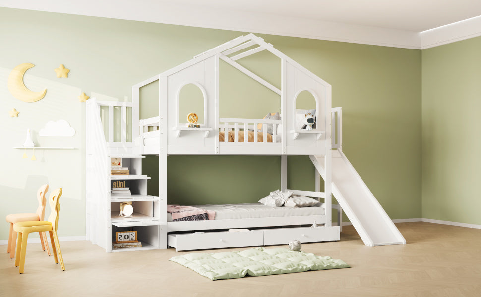 Logidon Kinderstapelbed 90x200 Witte Huisvorm met Glijbaan