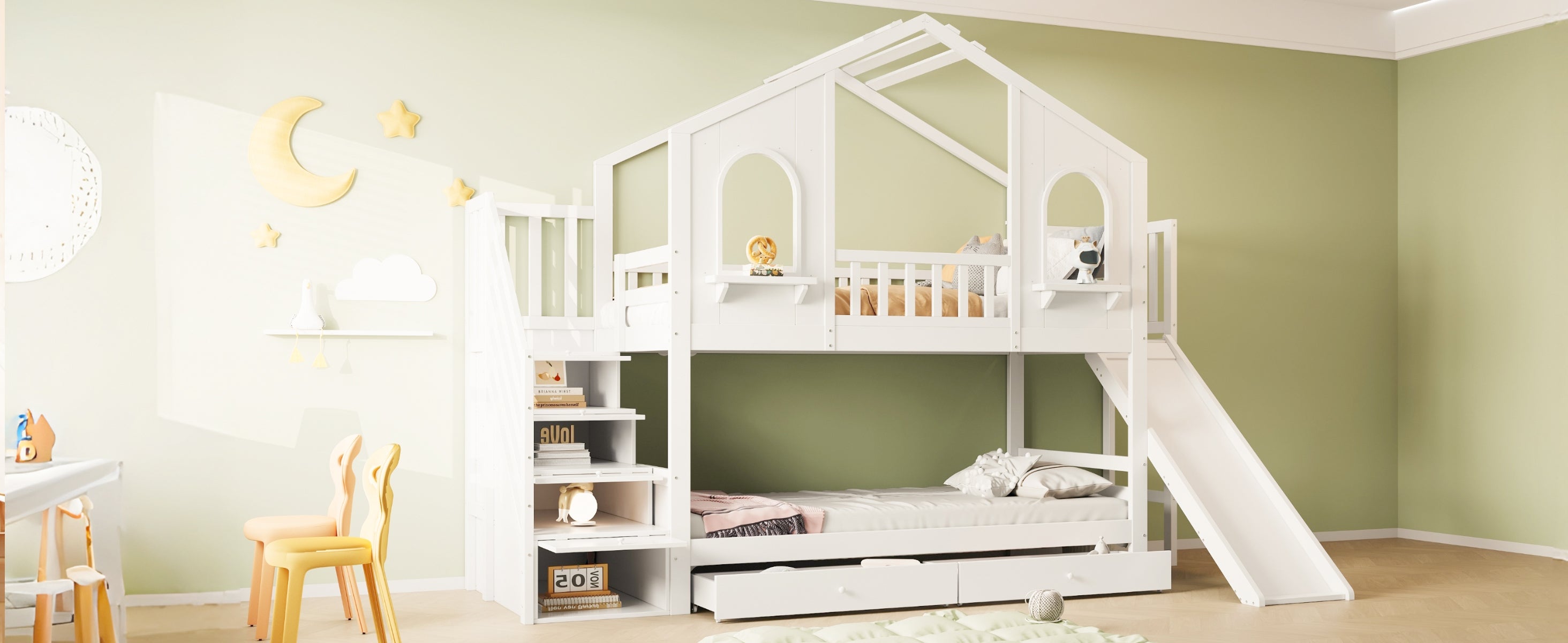 Logidon Kinderstapelbed 90x200 Witte Huisvorm met Glijbaan
