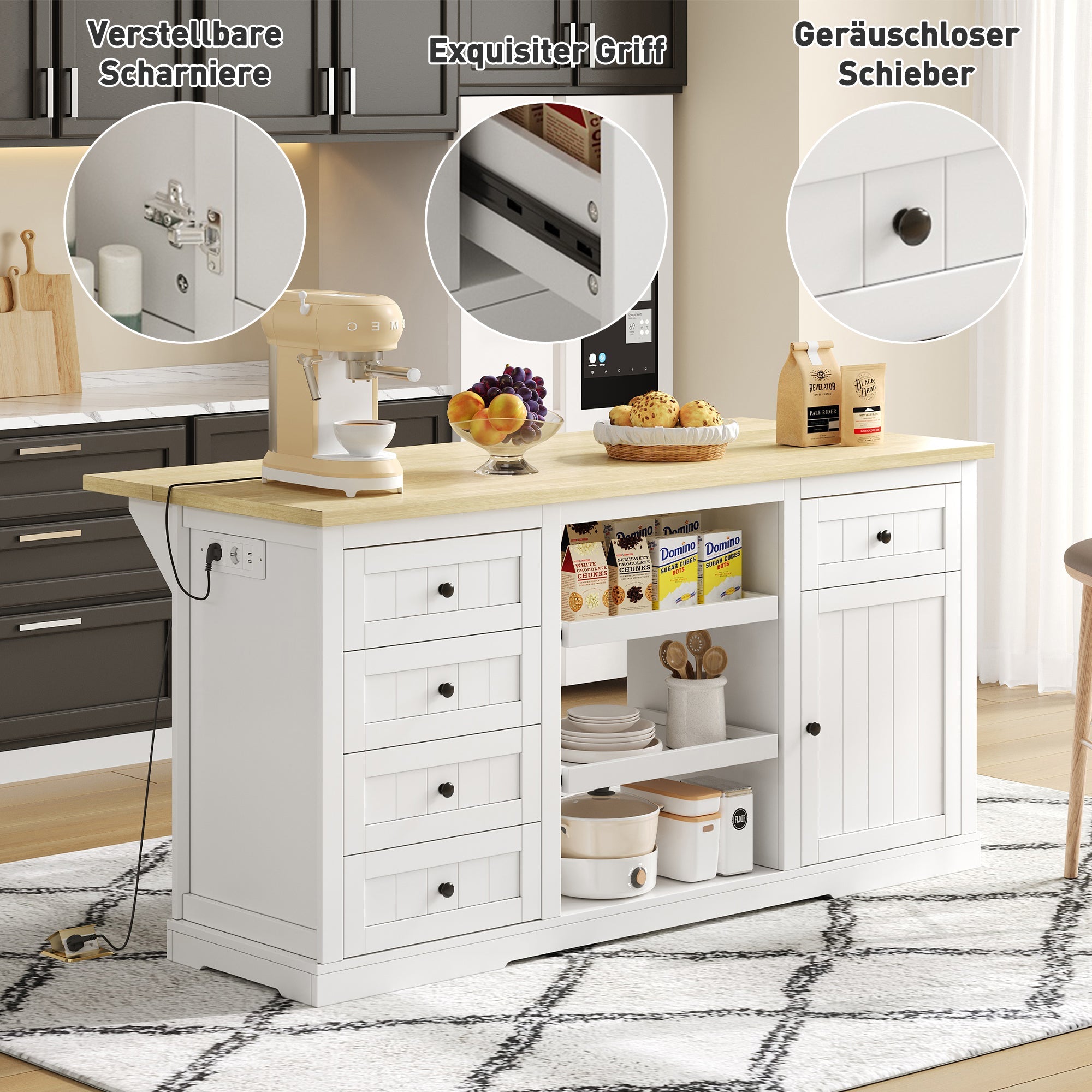 Logidon dressoir keukeneiland wit houten blad 5 laden 150x65x75 cm