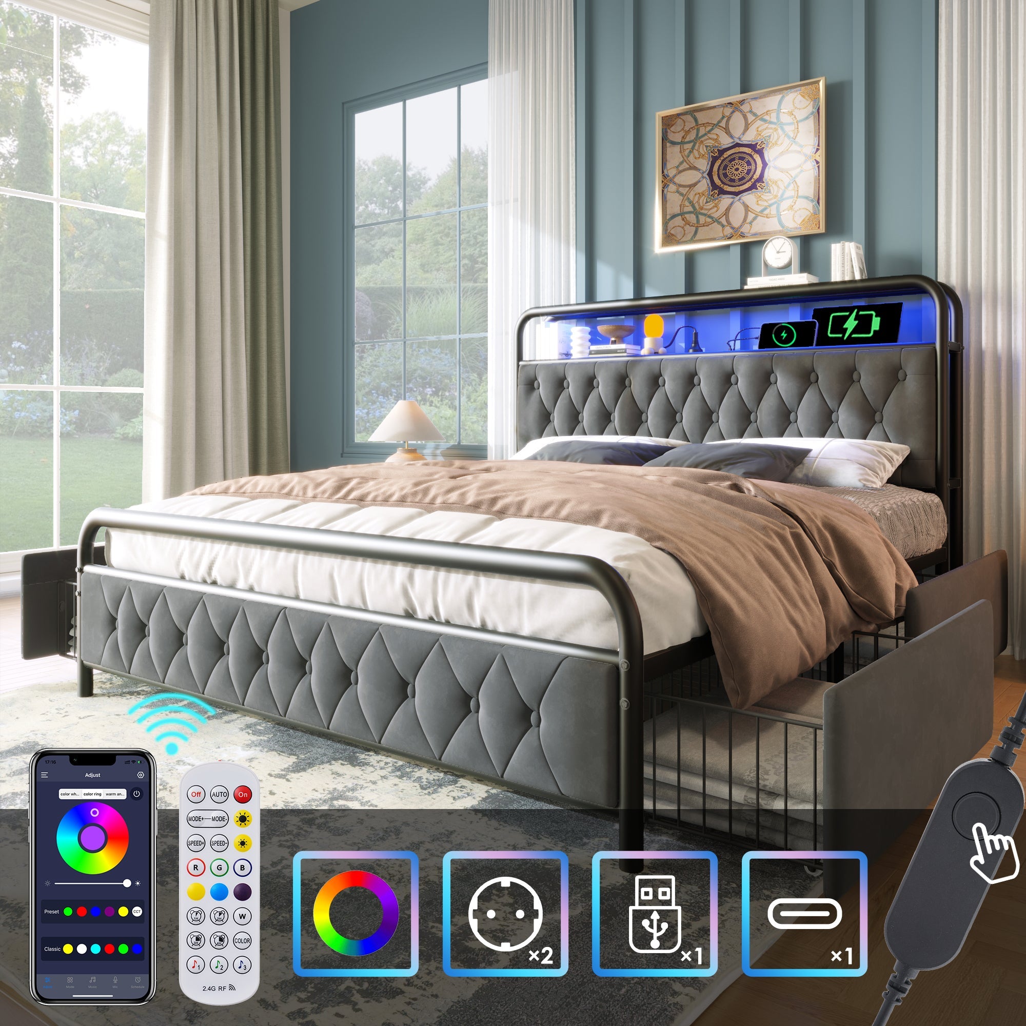 Logidon gestoffeerd bed 160x200 grijs USB-C oplaadfunctie LED-bediening