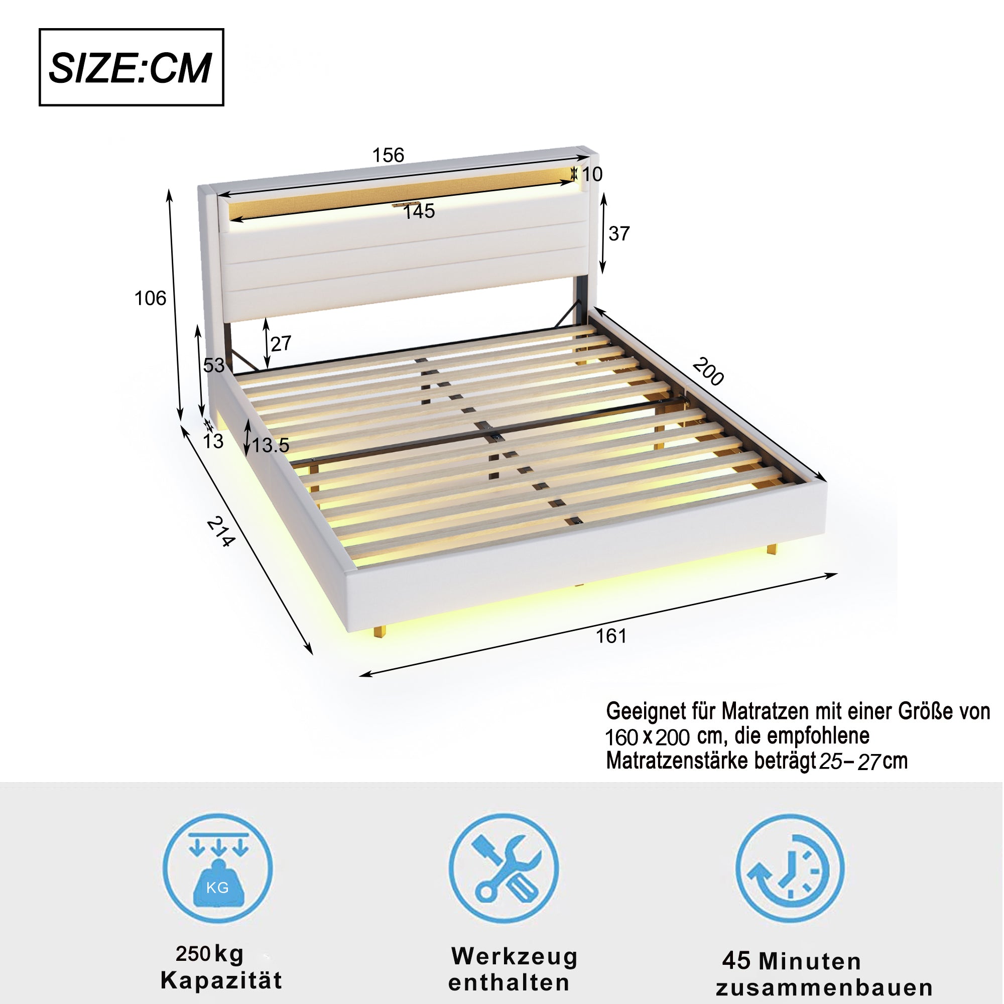 Logidon gestoffeerd bed 160x200 beige met USB-aansluiting en LED-verlichting