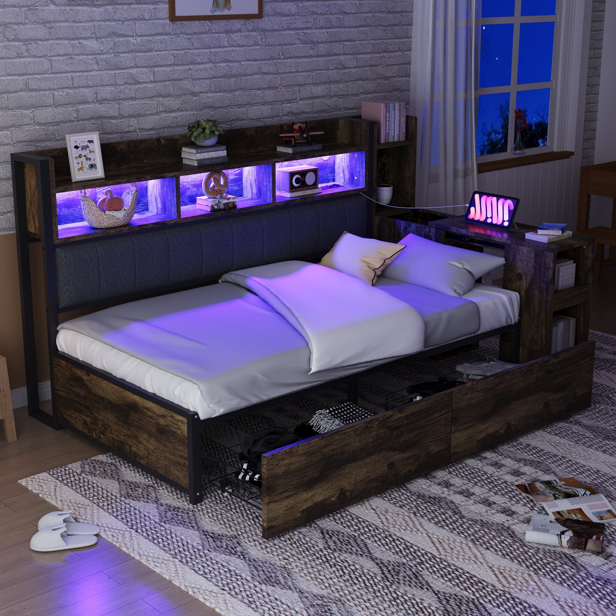 Logidon ijzeren slaapbank 90 x 200 cm houtlook opbergruimte LED