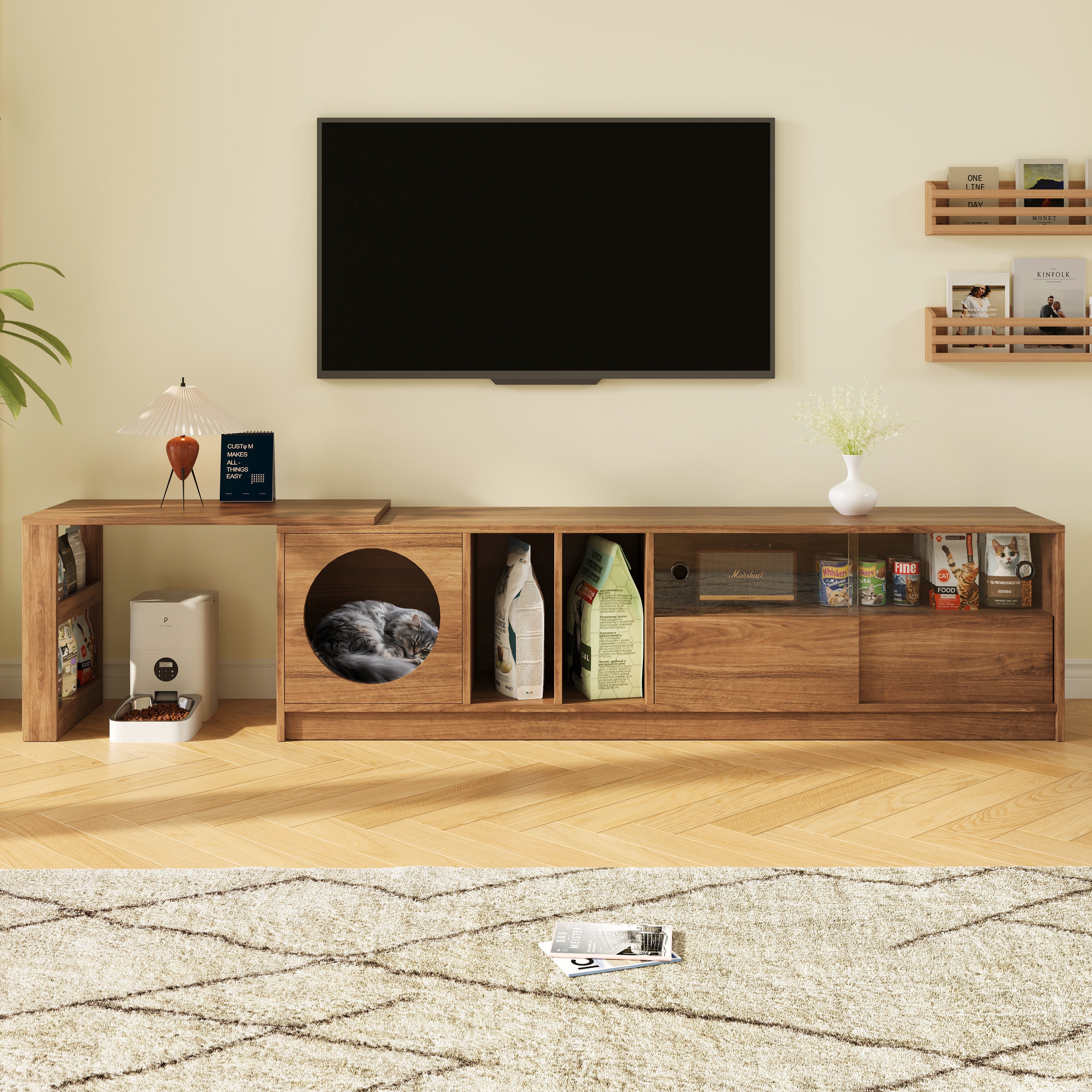 Logidon draaibaar tv-meubel 180-260 cm walnoot uitschuifbare glazen deuren