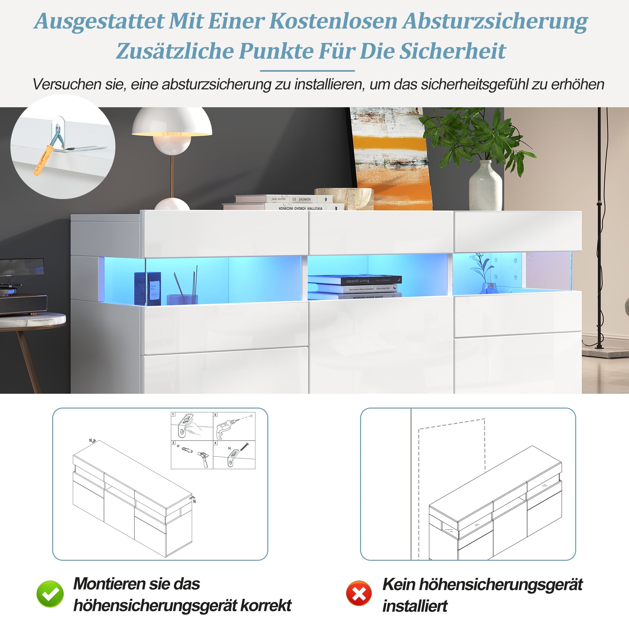 Logidon dressoir 140 cm breed hoogglans met LED licht wit