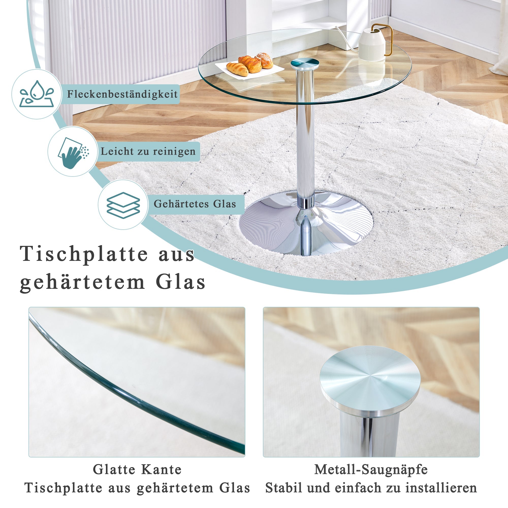 Logidon ronde glazen tafel 85 cm, 76 cm hoog transparant glazen metalen onderstel