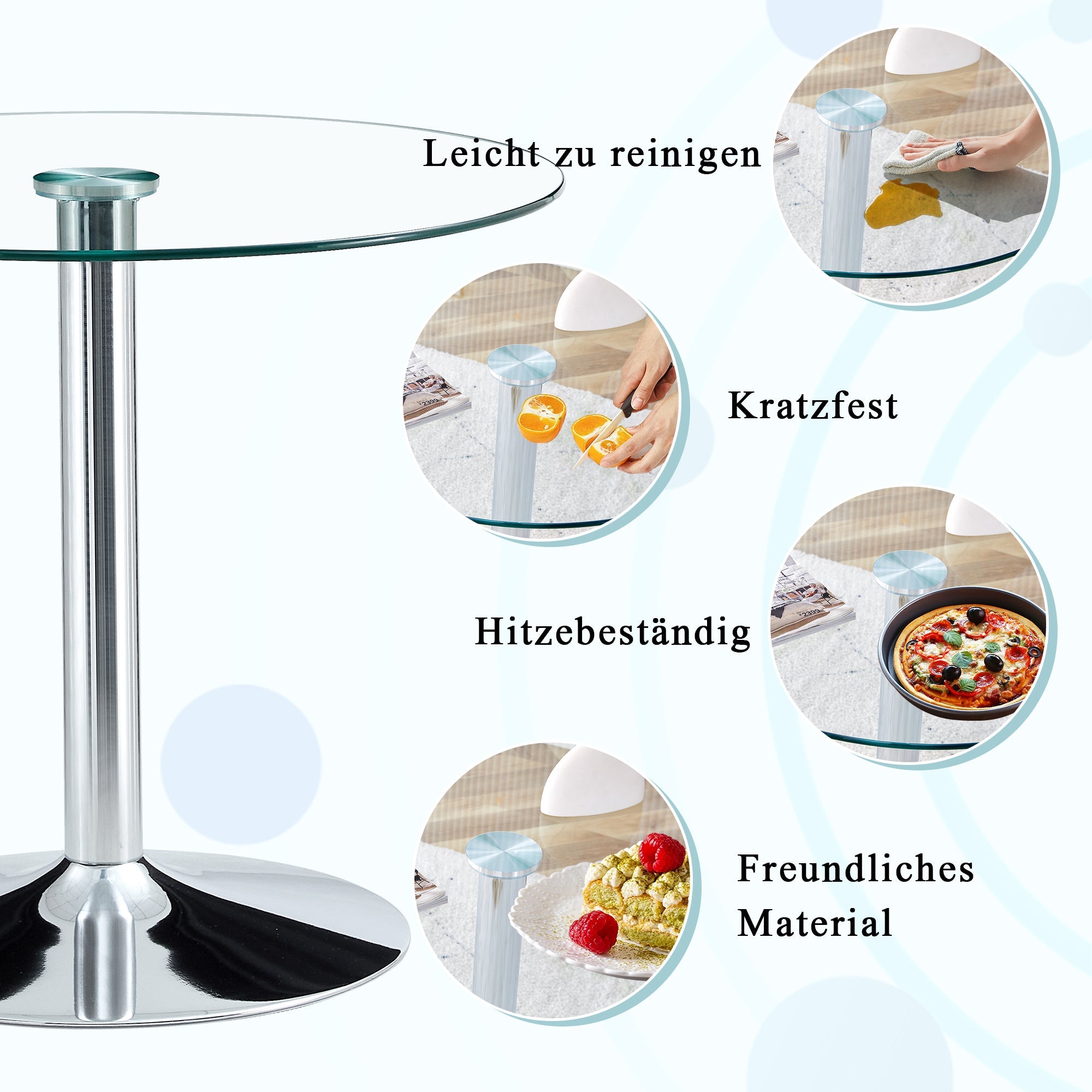 Logidon ronde glazen tafel 85 cm, 76 cm hoog transparant glazen metalen onderstel
