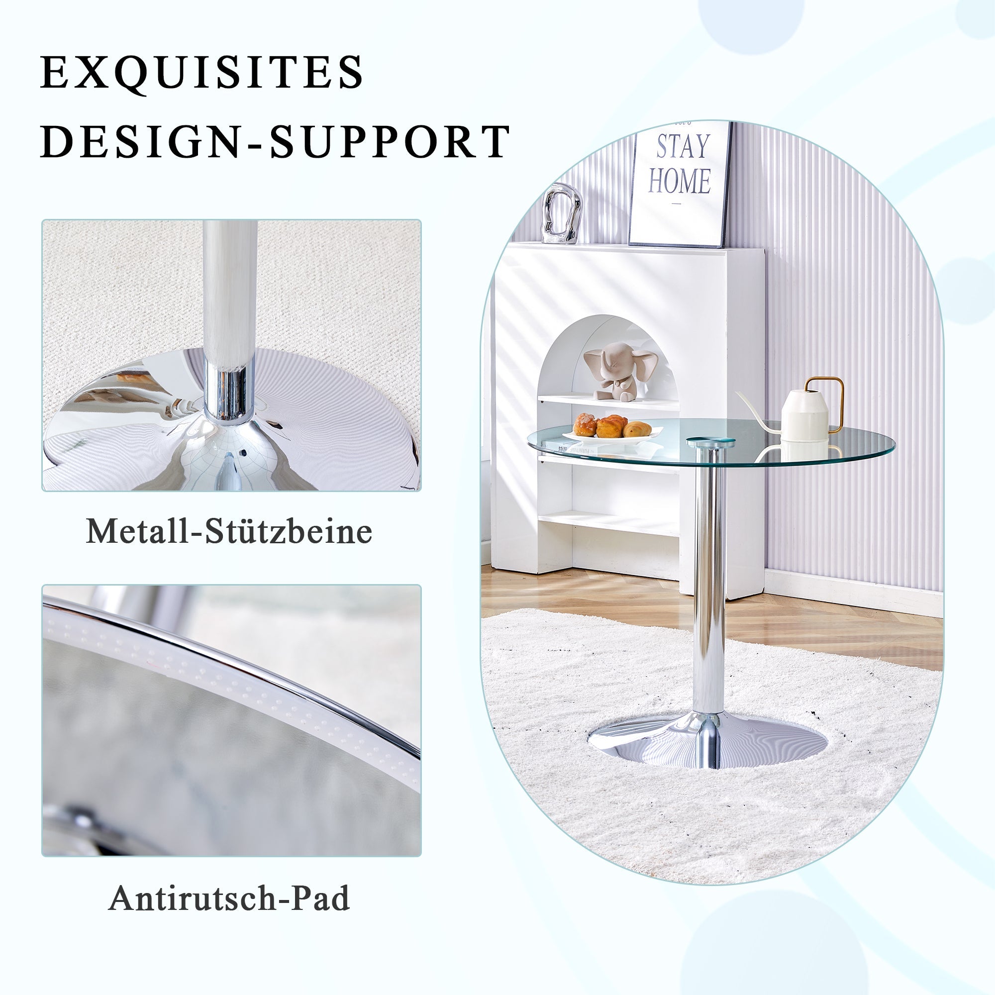 Logidon ronde glazen tafel 85 cm, 76 cm hoog transparant glazen metalen onderstel