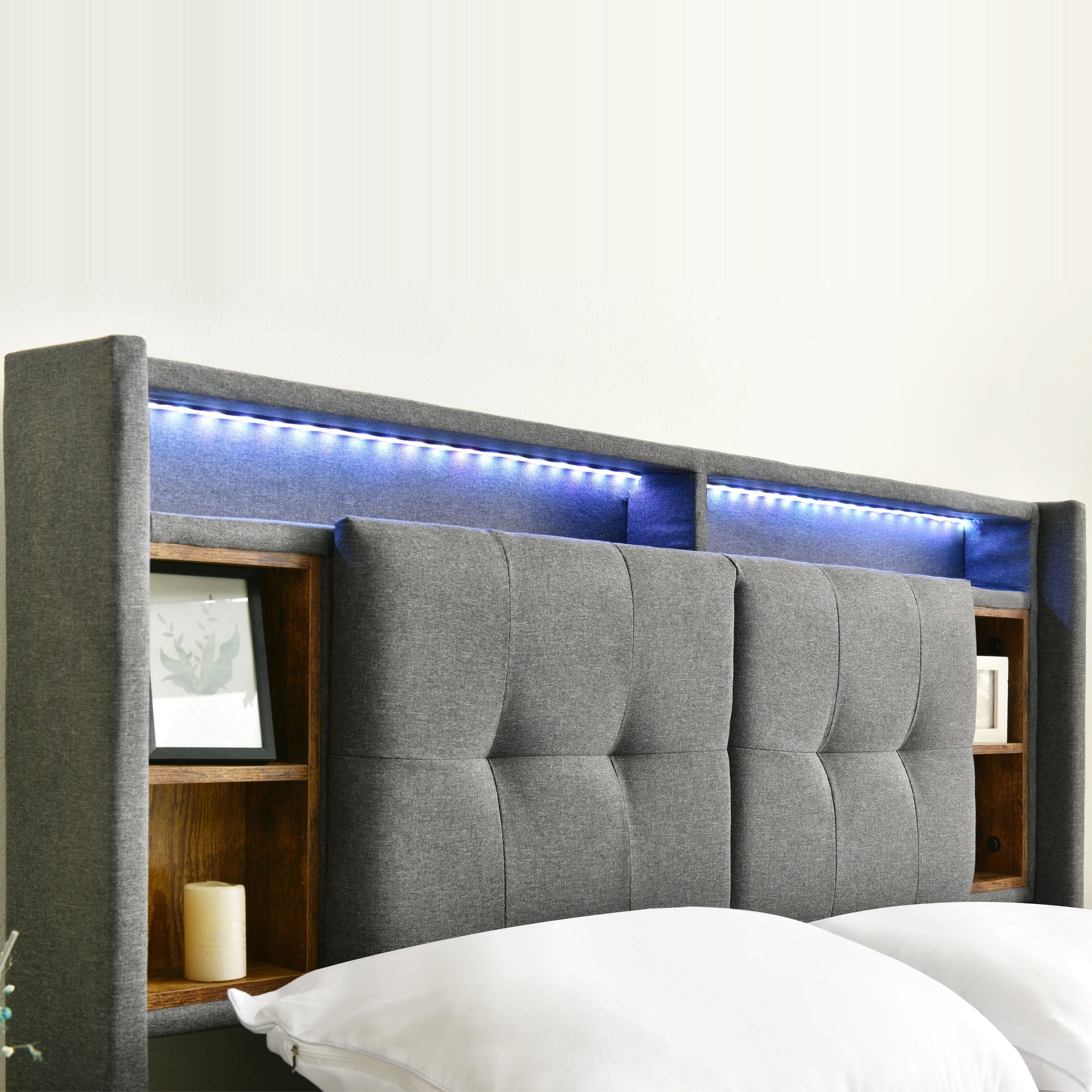 Logidon Upholstered Bed Double Bed with USB and LED Gray 140x200