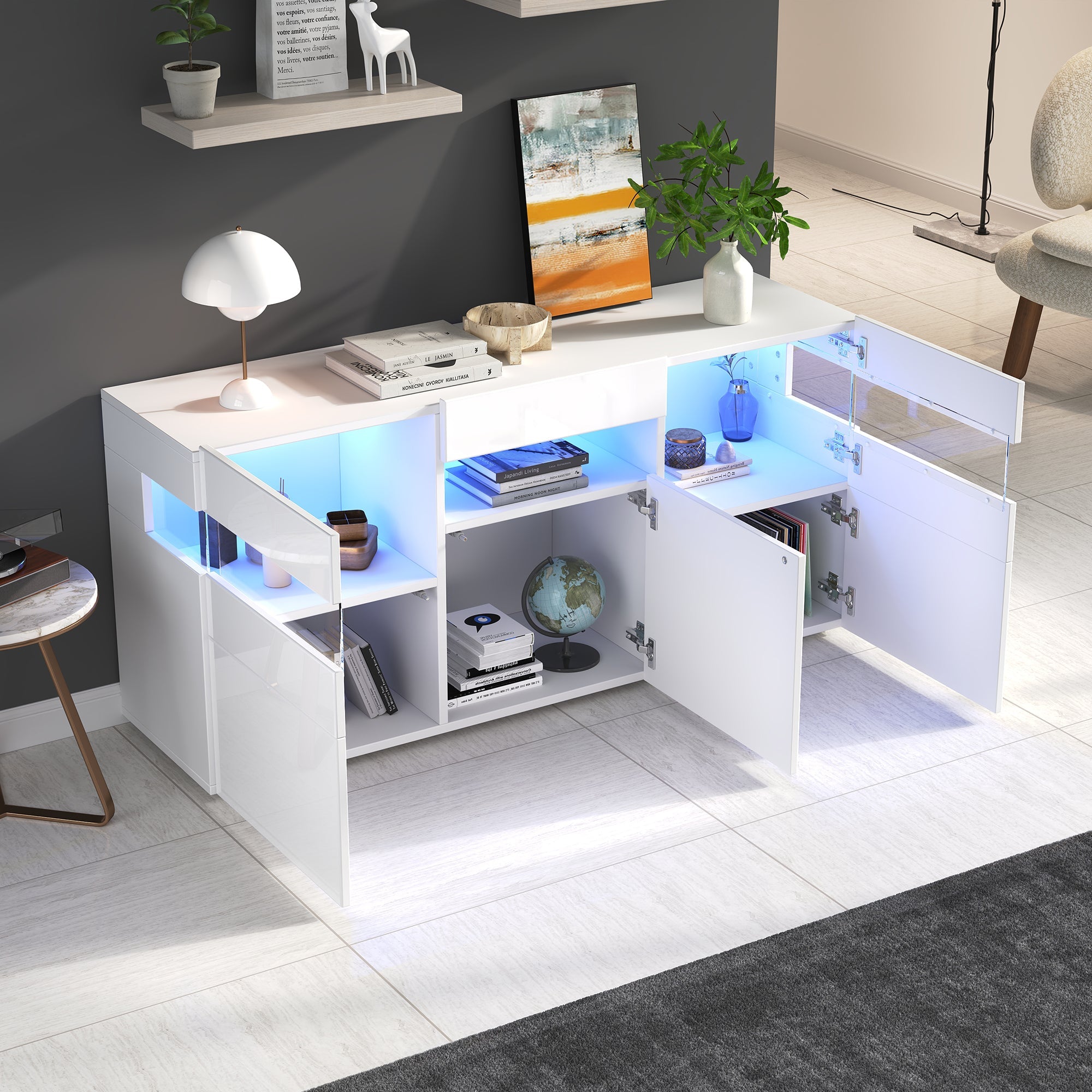 Logidon dressoir 140 cm breed hoogglans met LED licht wit