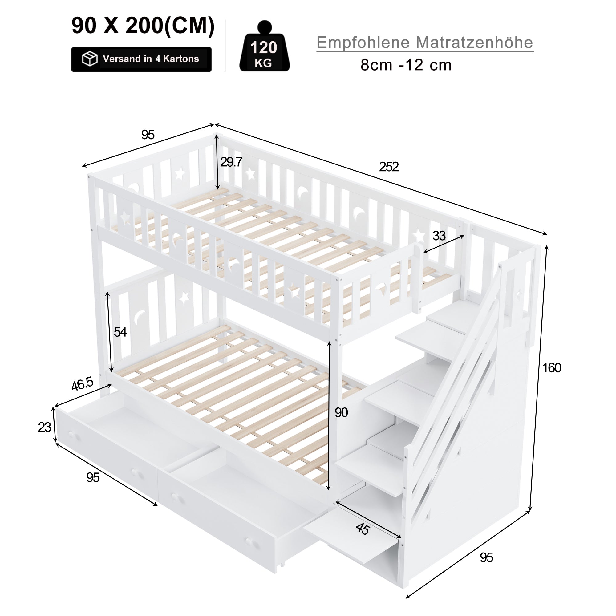 Logidon stapelbed 90x200 kinder massief houten witte opbergtrap