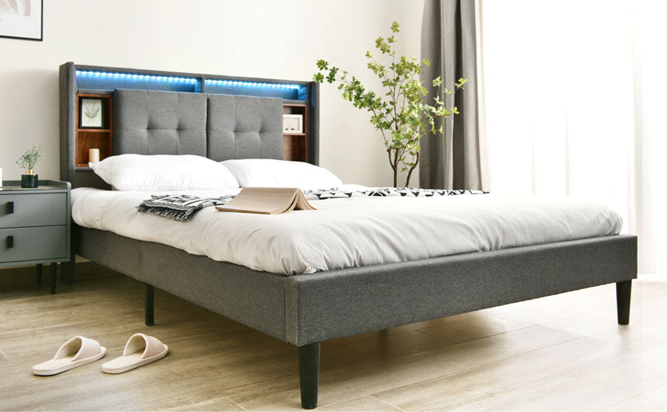 Logidon gestoffeerd bed tweepersoonsbed opbergruimte hoofdbord USB LED grijs 160x200