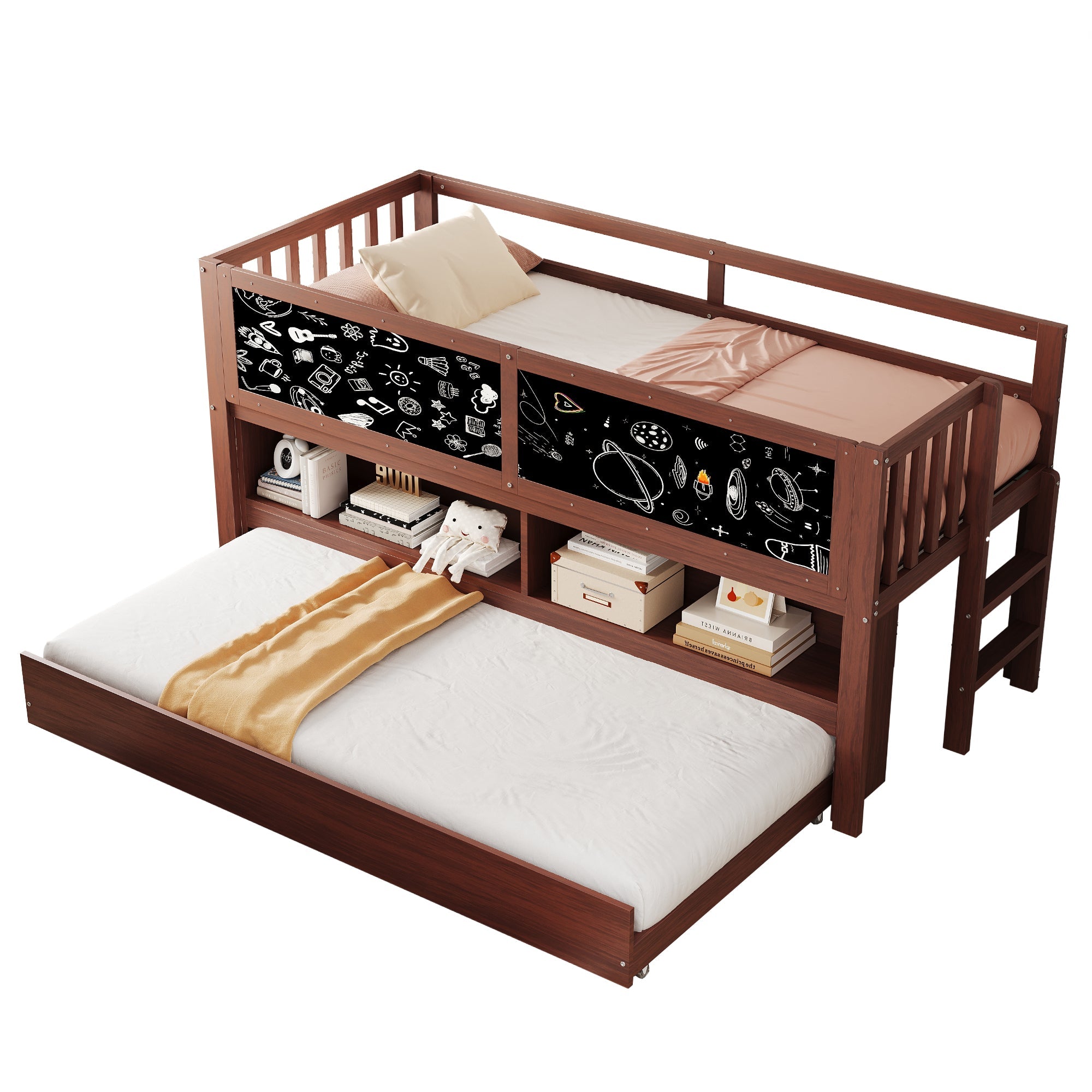 Logidon House Bed 90x200 Bruin Uitschuifbare onderbed-klimladder
