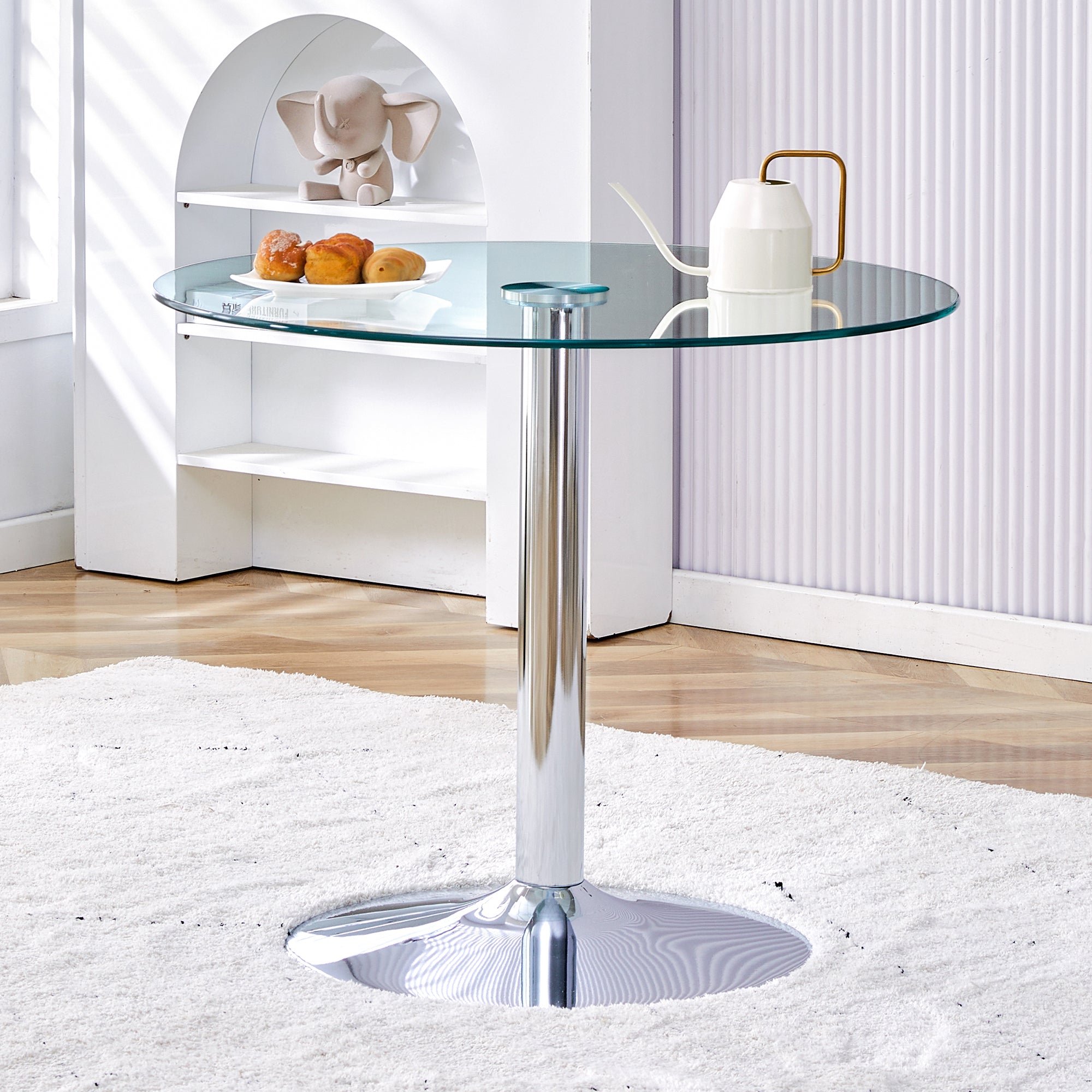 Logidon ronde glazen tafel 85 cm, 76 cm hoog transparant glazen metalen onderstel