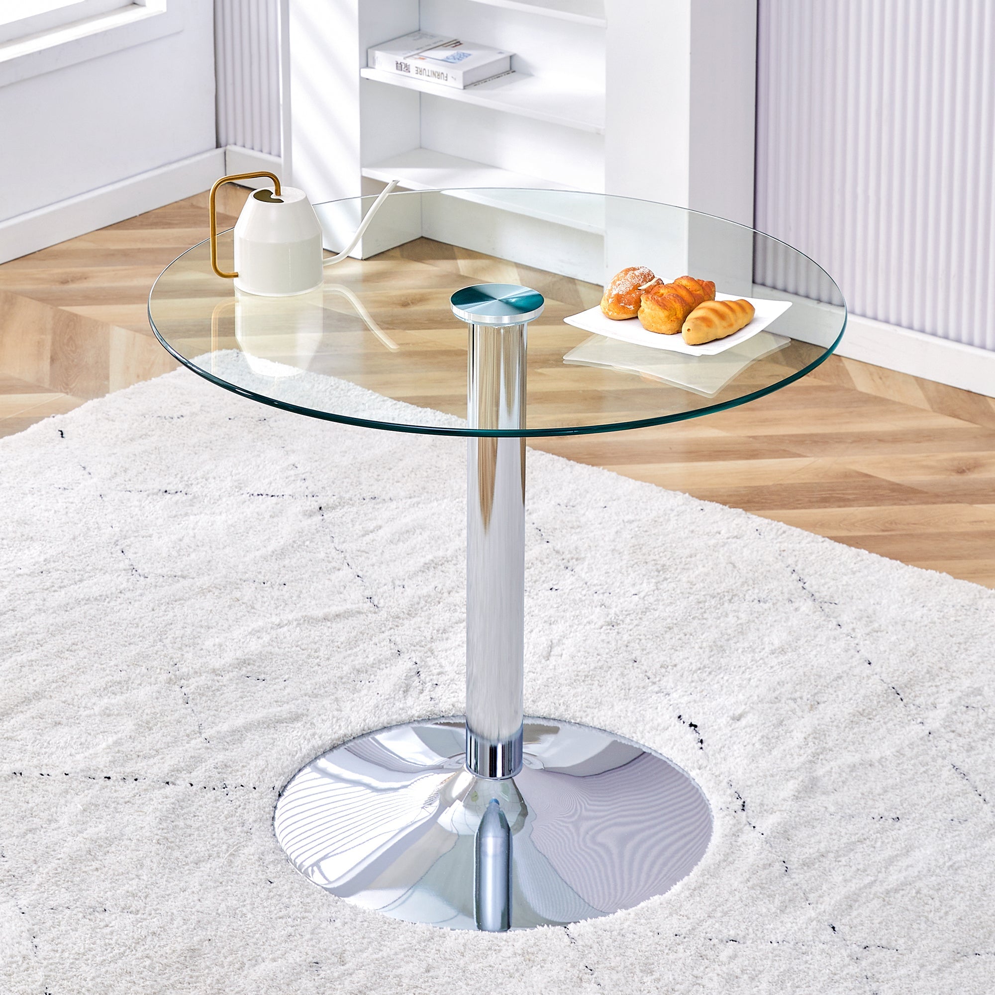 Logidon ronde glazen tafel 85 cm, 76 cm hoog transparant glazen metalen onderstel
