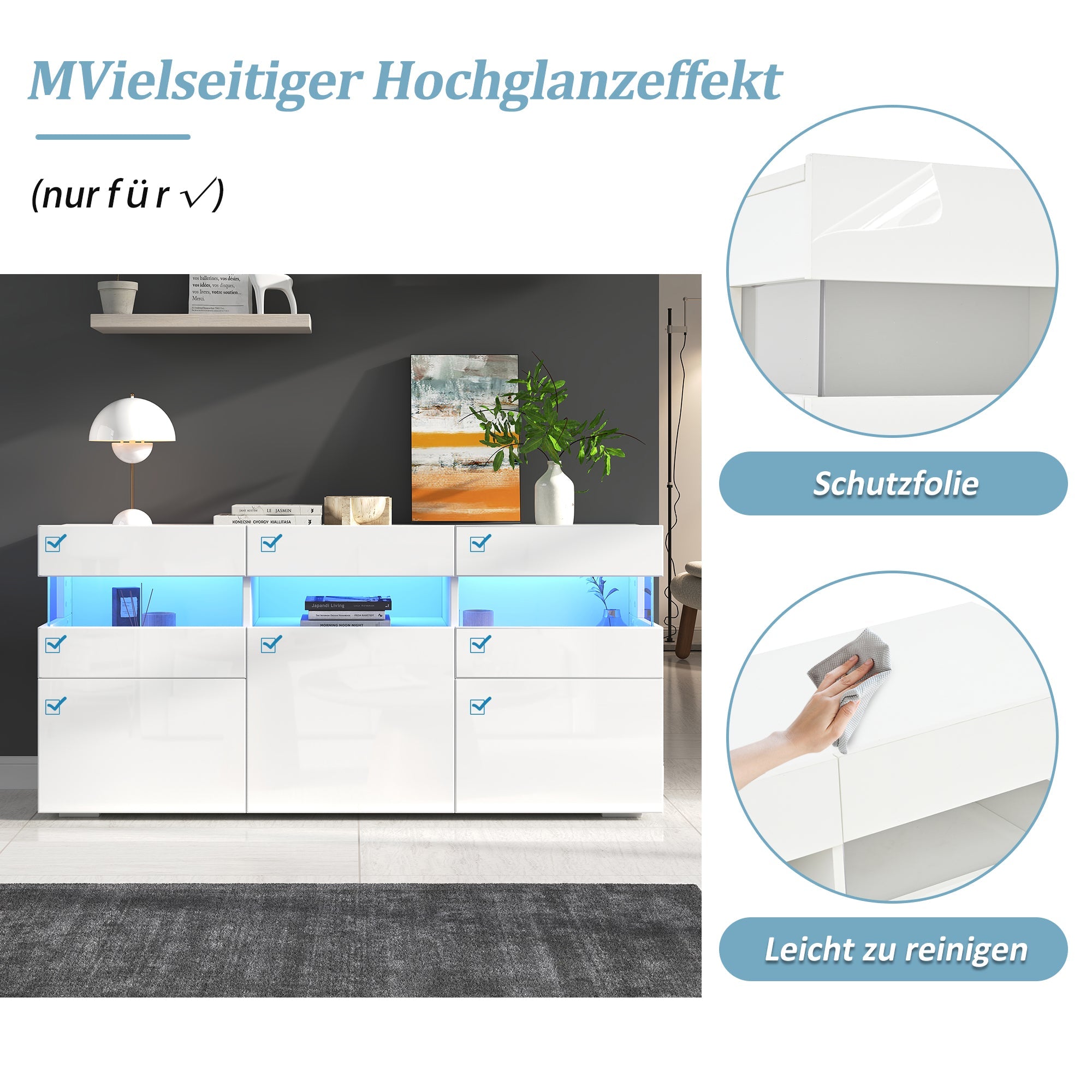Logidon dressoir 140 cm breed hoogglans met LED licht wit