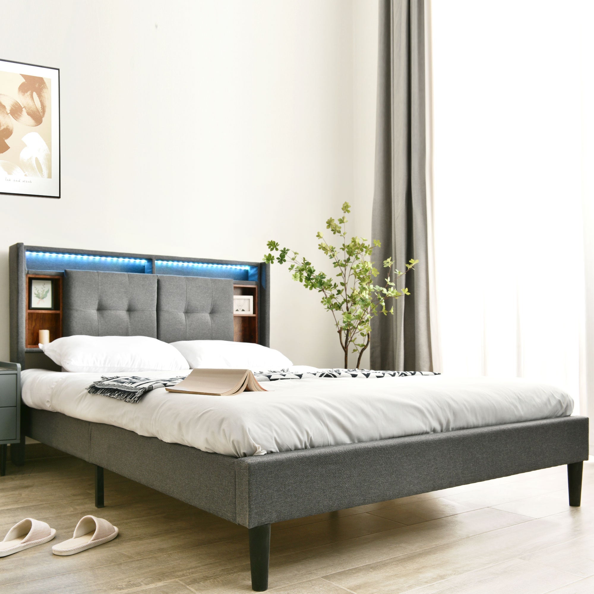 Logidon gestoffeerd bed tweepersoonsbed opbergruimte hoofdbord USB LED grijs 160x200
