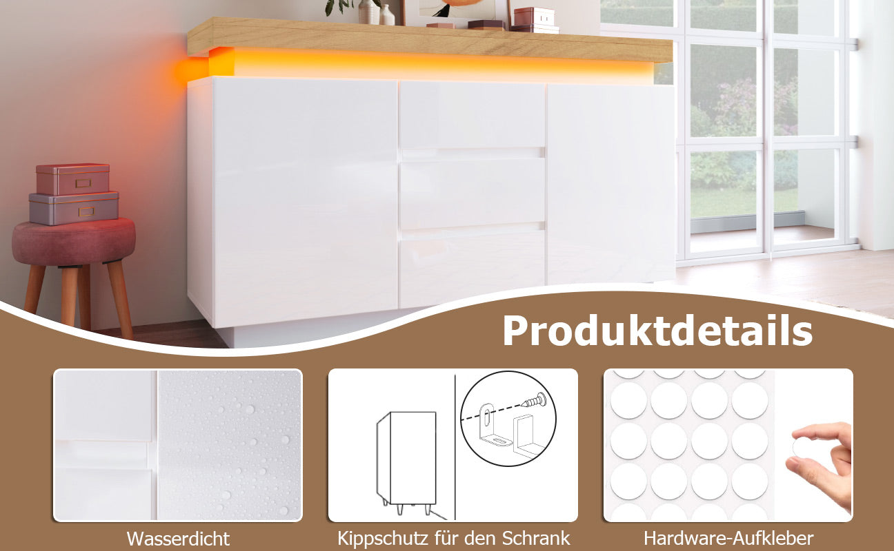 Logidon Wit Dressoir Met LED Verlichting 2 Deurs 3 Lades